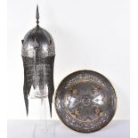 Very Fine Persian Helmet Khula Khud and Matching Shield Dhal, Qjar Dynasty