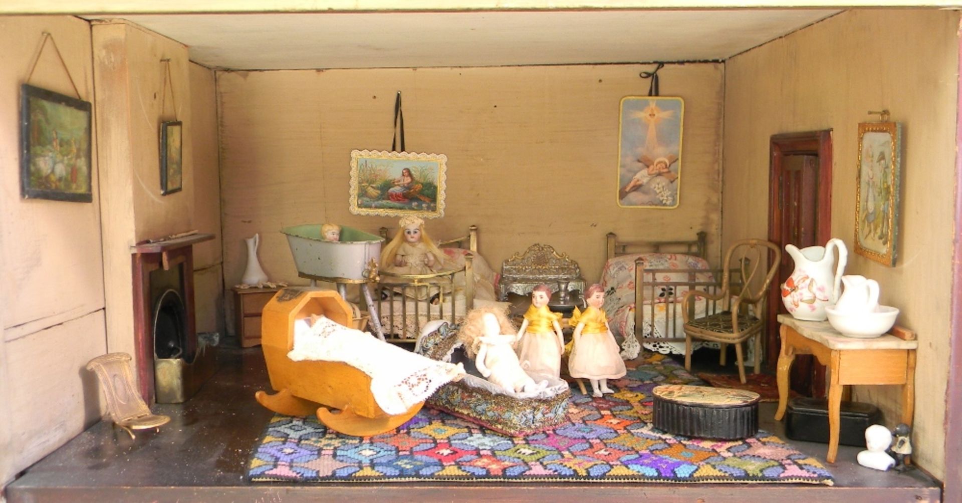 Large early English painted wooden dolls house on stand with contents, mid 19th century, - Image 4 of 6