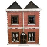 Unusual front and back opening painted red brick wooden dolls house with contents, English 1860s,