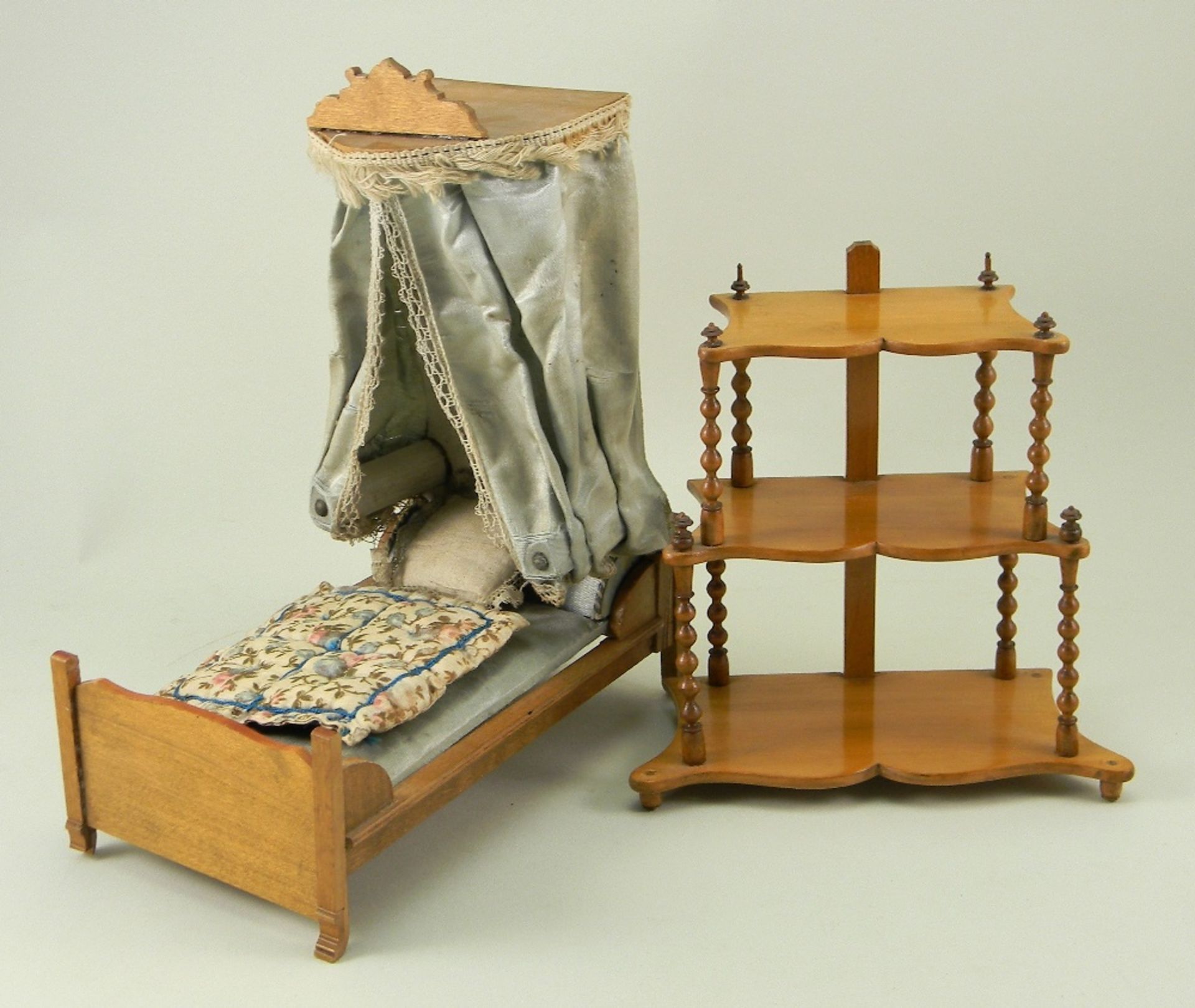 Fine miniature Cherry wood half-tester bed and hanging shelves, German circa 1890,