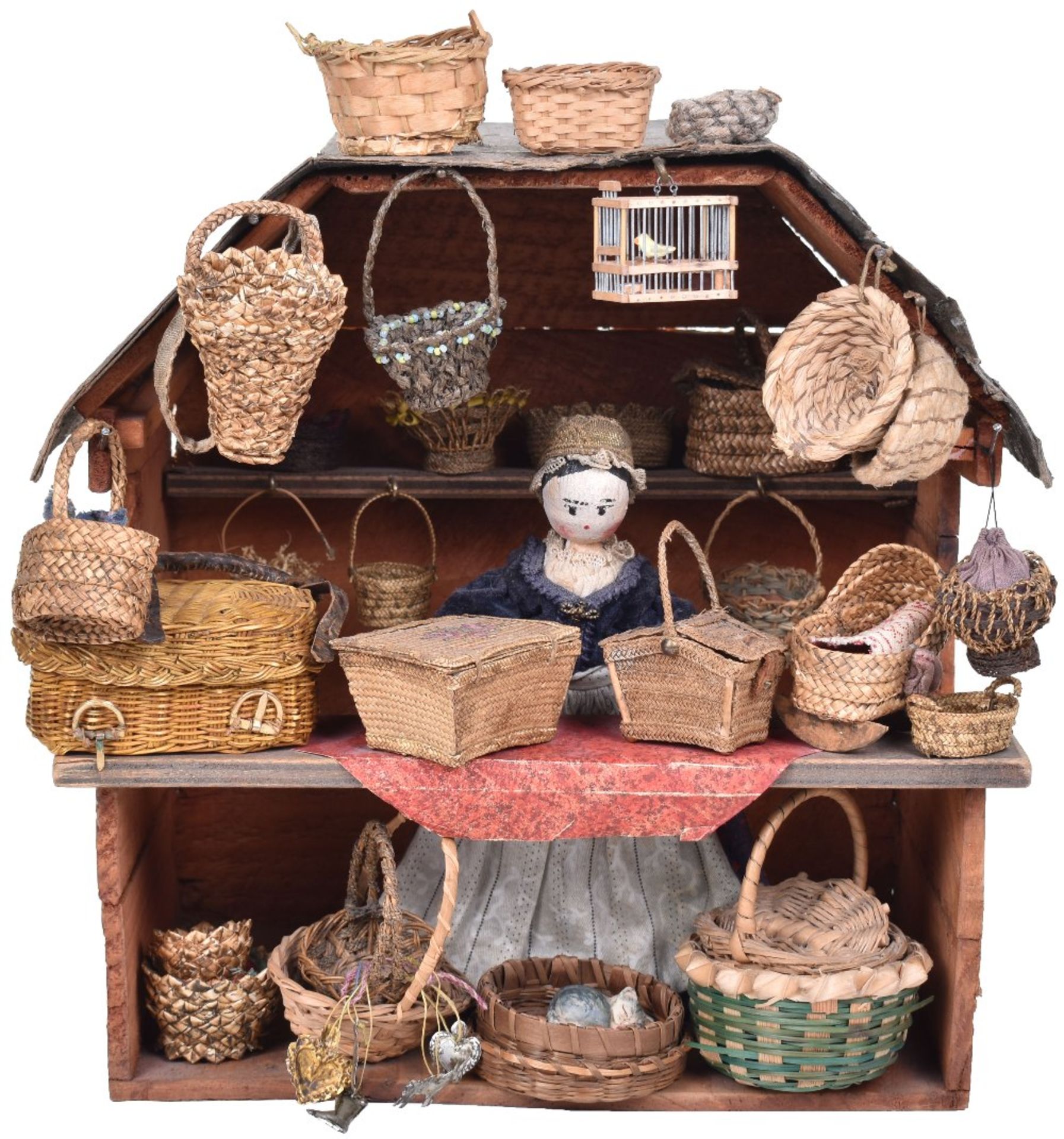 A sweet and early miniature wooden painted Basket stall, German 1840s,