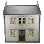 Charming painted blue wooden dolls house and contents, English, circa 1890,