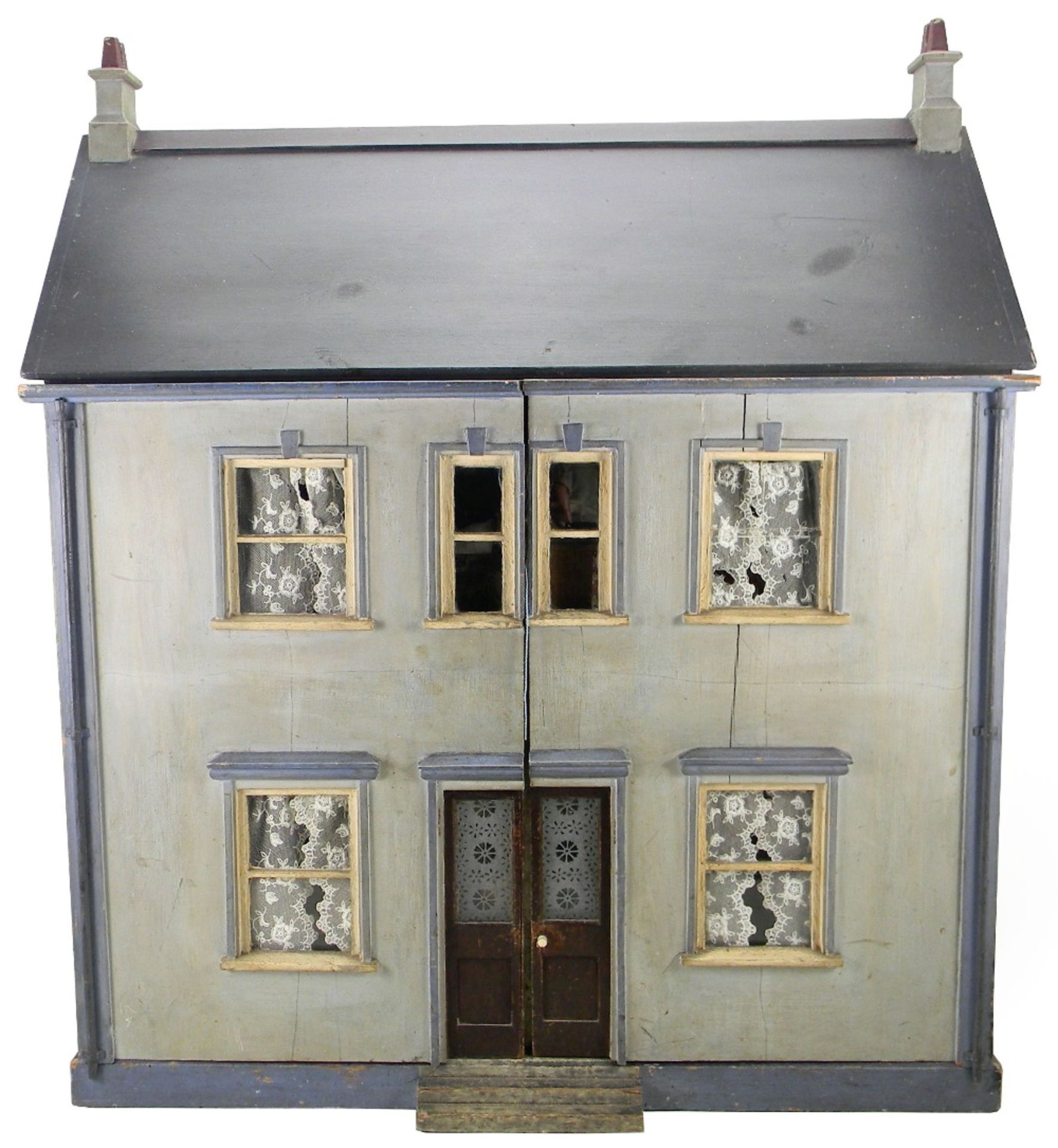 Charming painted blue wooden dolls house and contents, English, circa 1890,