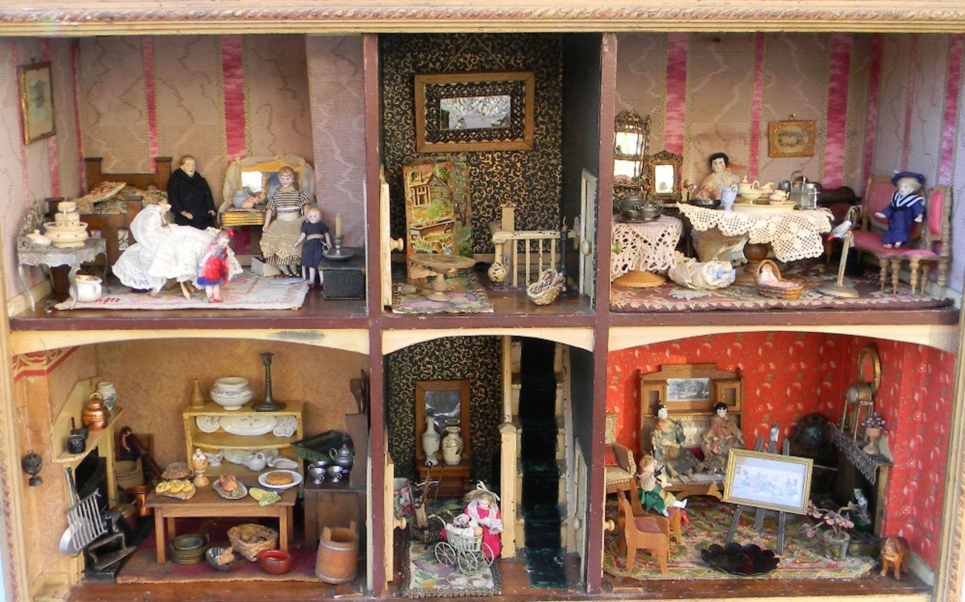 A good painted wooden dolls house and contents, English mid 19th century, - Image 2 of 4