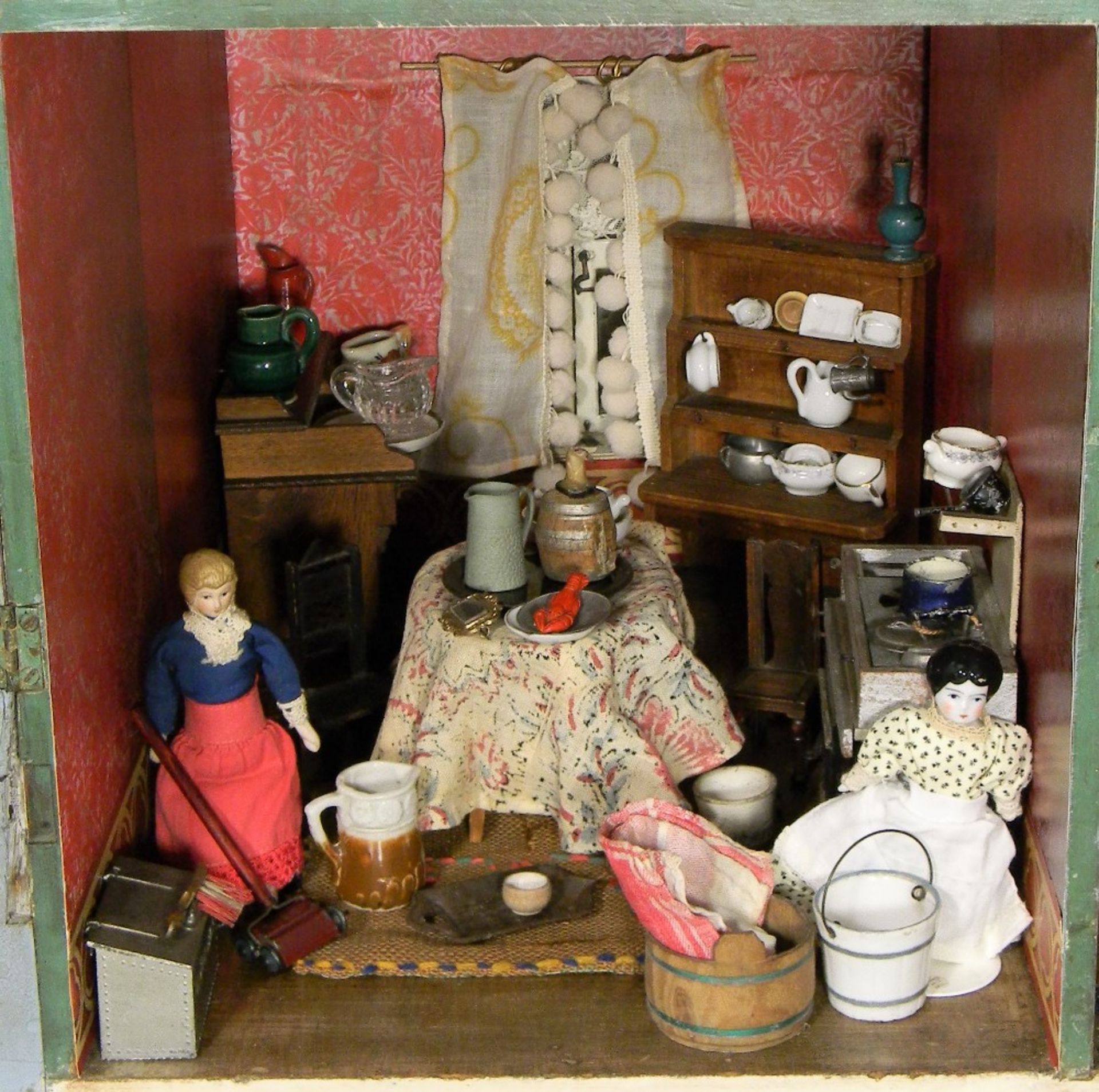 Unusual front and back opening painted red brick wooden dolls house with contents, English 1860s, - Image 5 of 6