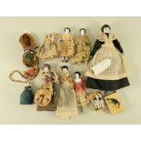 Collection of glazed china shoulder head dolls house dolls, German 1880-90,