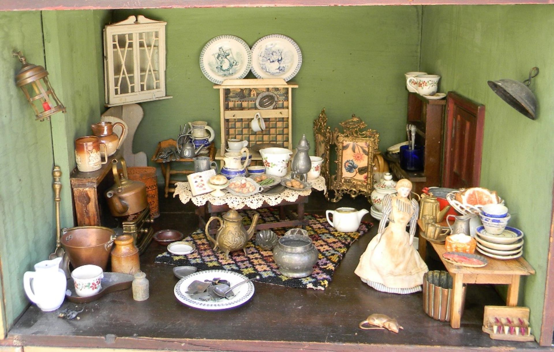 Large early English painted wooden dolls house on stand with contents, mid 19th century, - Image 5 of 6