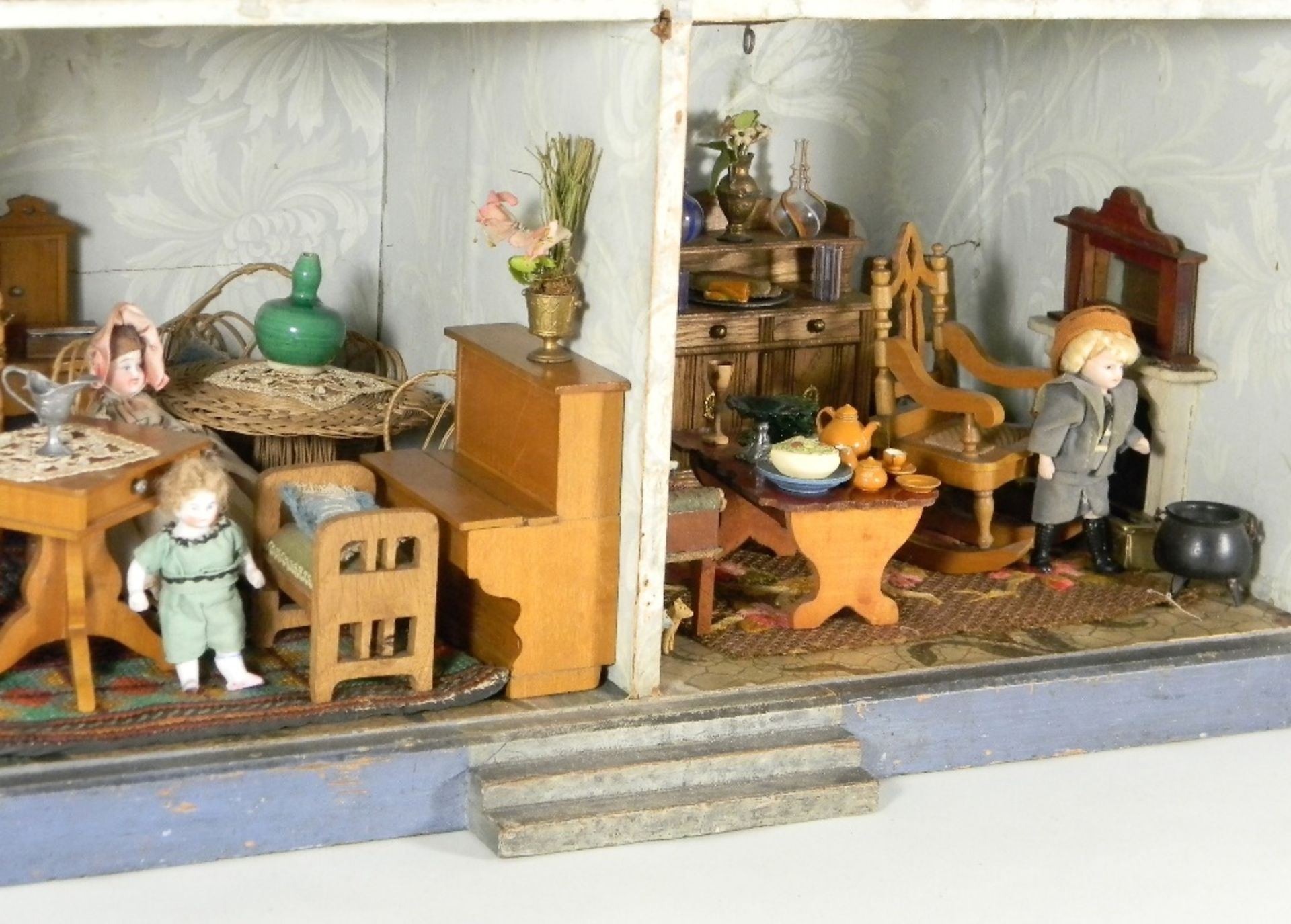 Charming painted blue wooden dolls house and contents, English, circa 1890, - Image 3 of 6