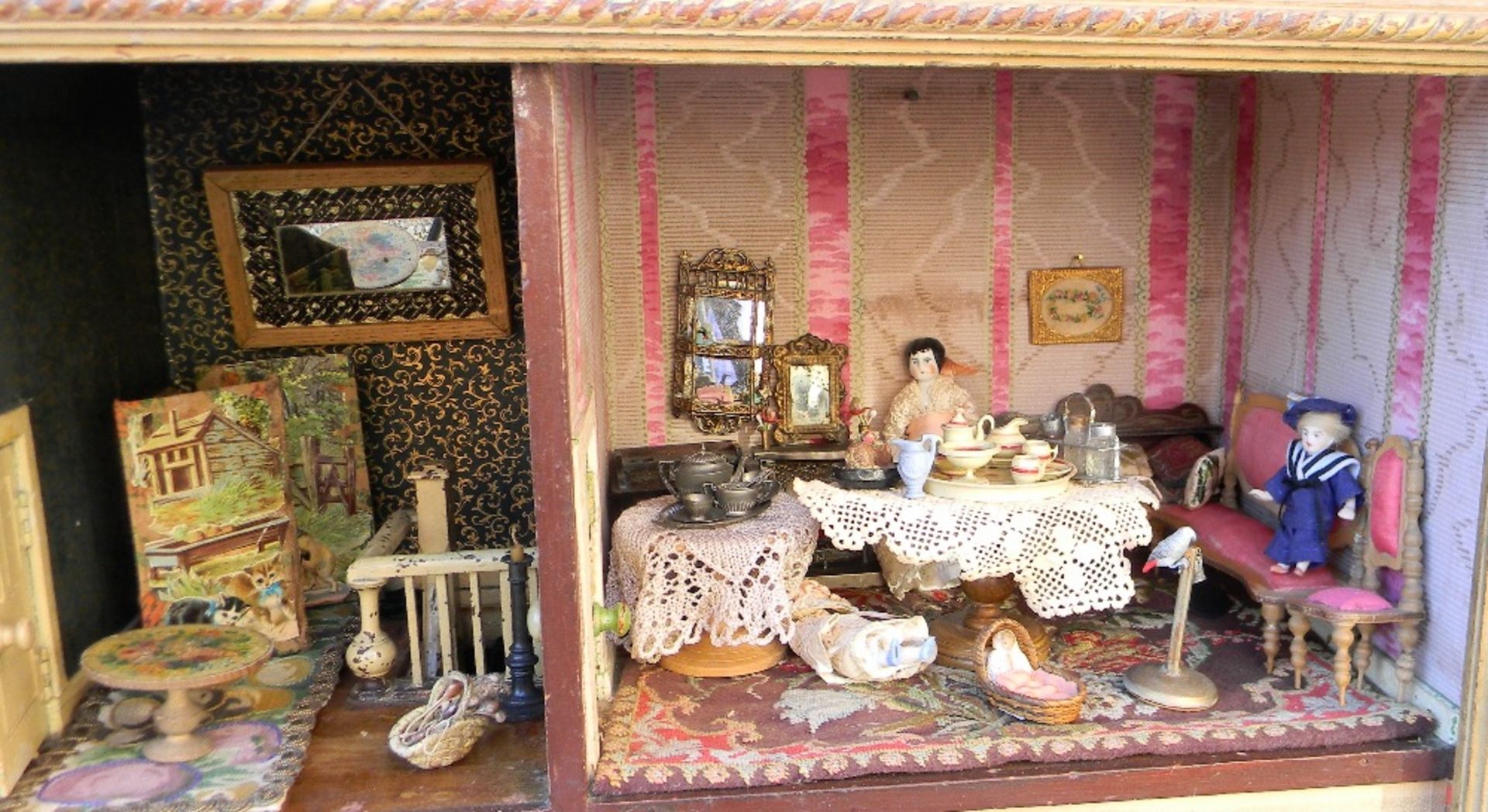 A good painted wooden dolls house and contents, English mid 19th century, - Image 3 of 4