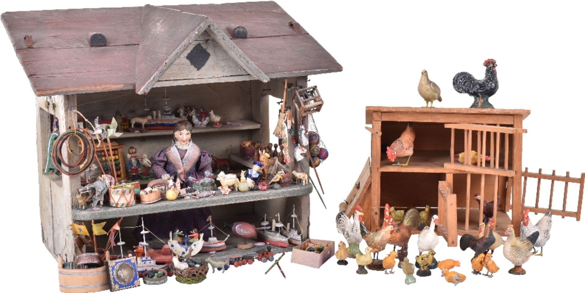 Miniature German painted wooden toy shop and chicken Coop,