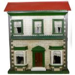 Painted wooden dolls house with red roof and contents, English early 20th century,