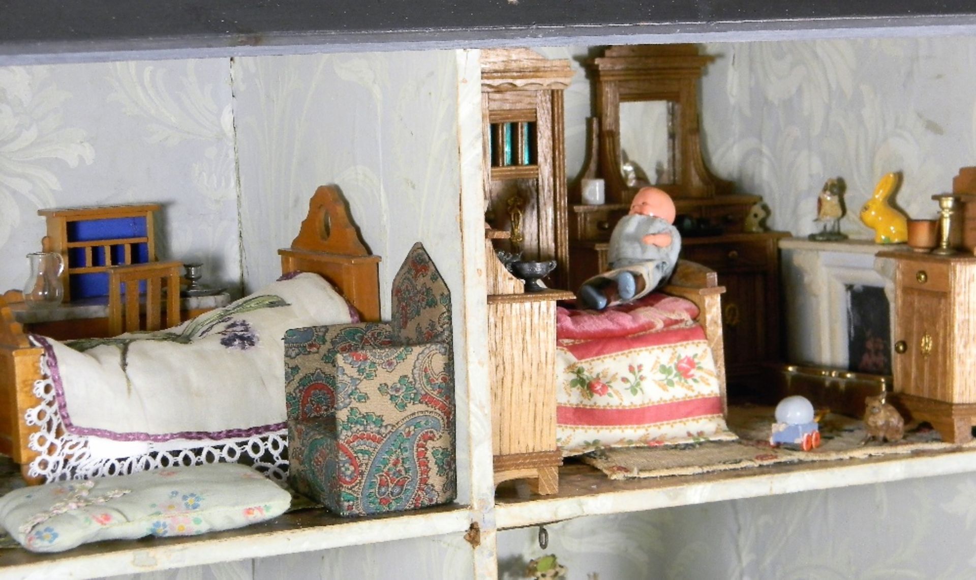 Charming painted blue wooden dolls house and contents, English, circa 1890, - Image 4 of 6