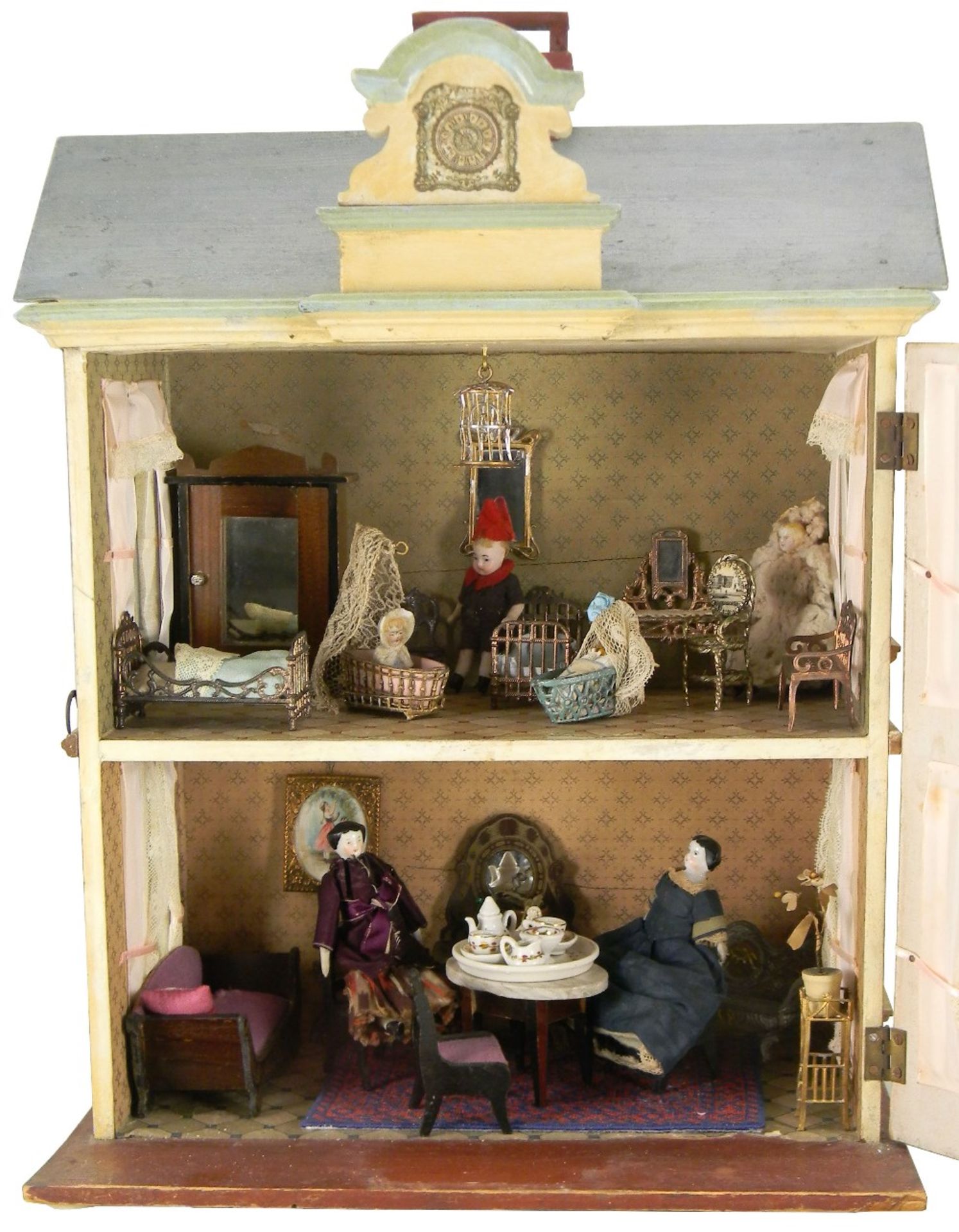 Small Moritz Gottschalk Model 10, painted wooden blue roof dolls house with contents, German for the - Image 2 of 2