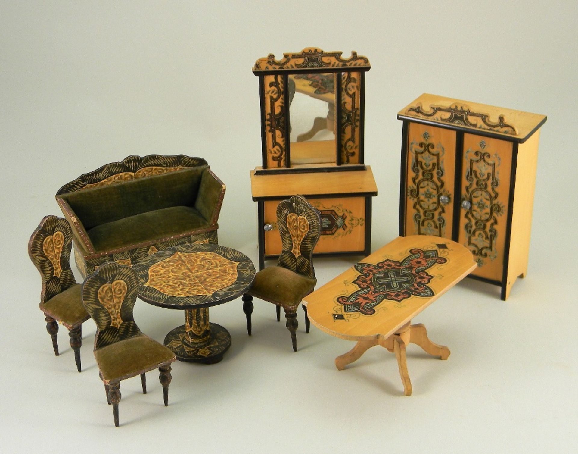 Selection of decorative wooden doll house furniture, German circa 1890,