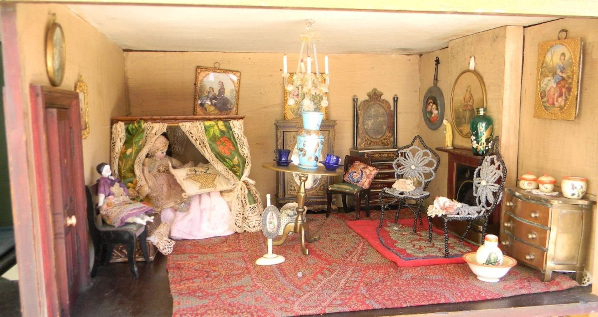 Large early English painted wooden dolls house on stand with contents, mid 19th century, - Image 3 of 6