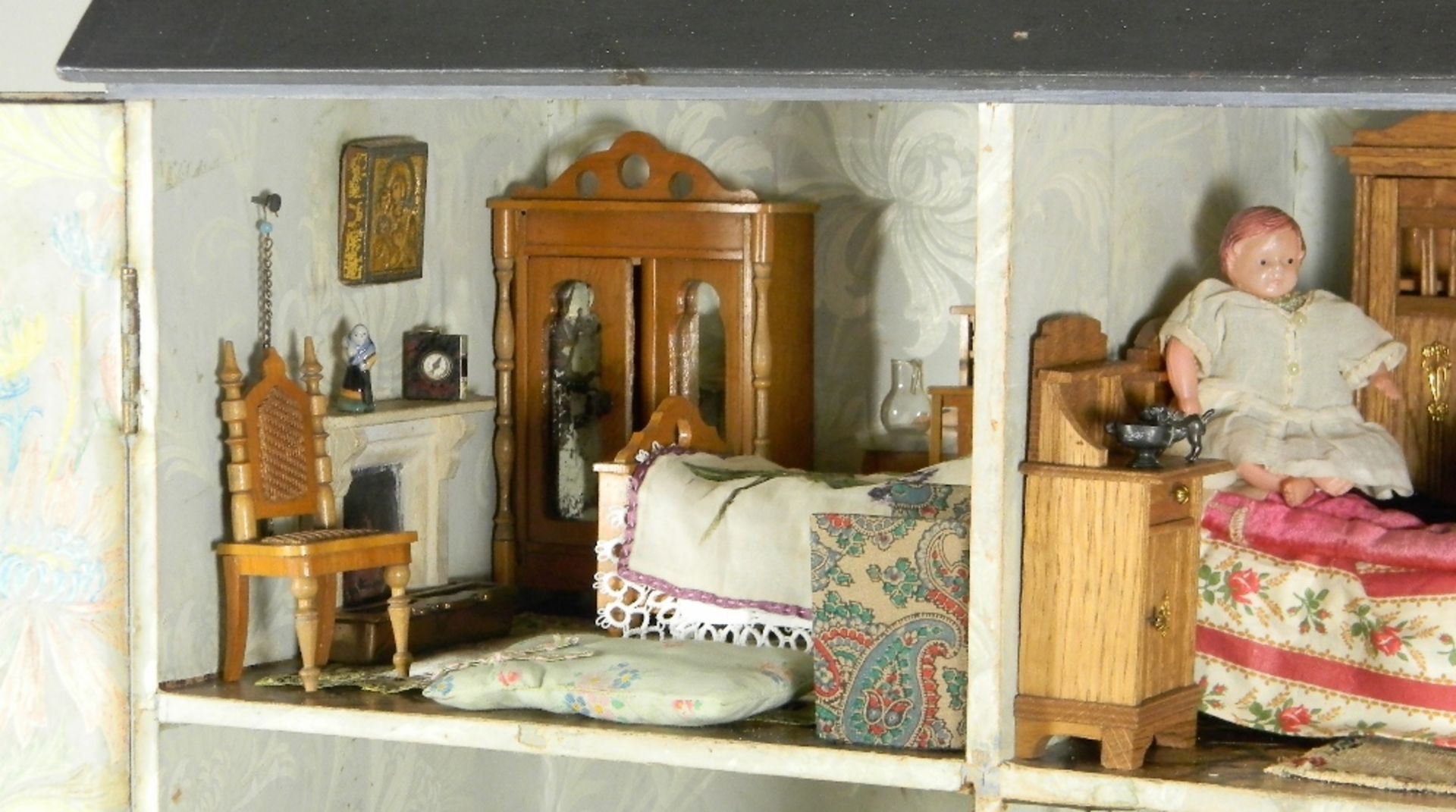 Charming painted blue wooden dolls house and contents, English, circa 1890, - Image 5 of 6