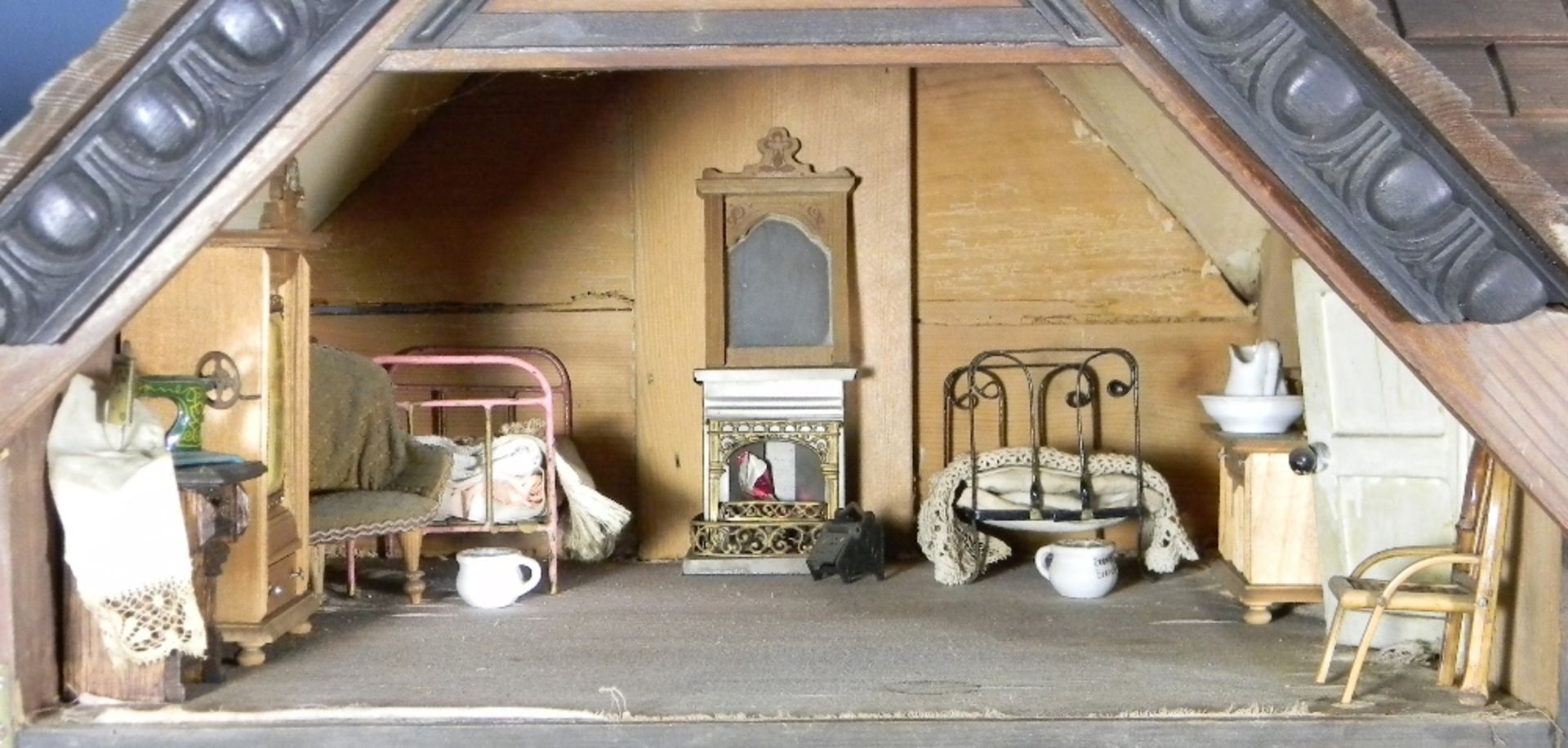 A large and impressive wooden dolls house and contents on stand, probably German circa 1880, - Image 12 of 13