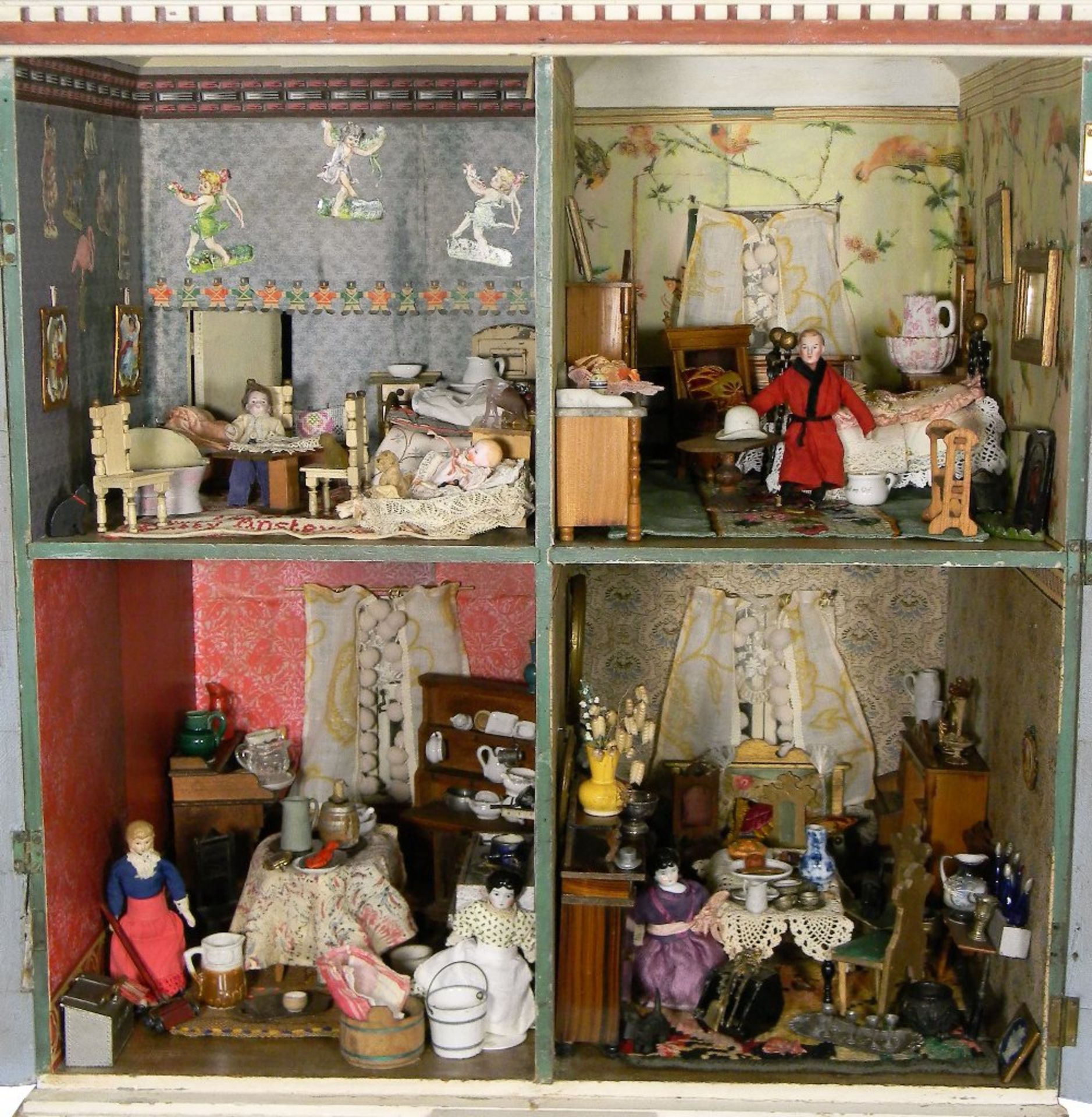 Unusual front and back opening painted red brick wooden dolls house with contents, English 1860s, - Image 2 of 6