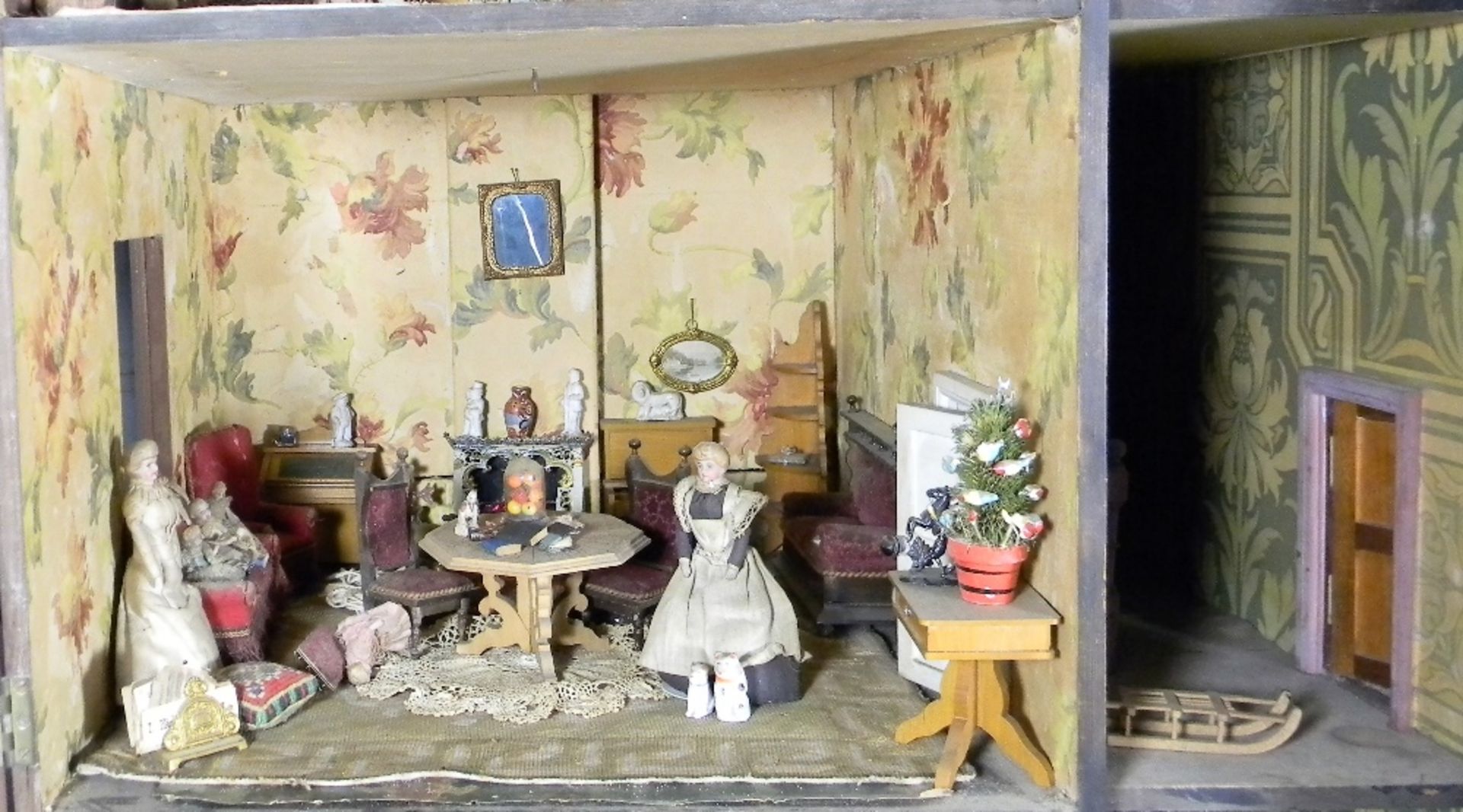 A large and impressive wooden dolls house and contents on stand, probably German circa 1880, - Image 8 of 13