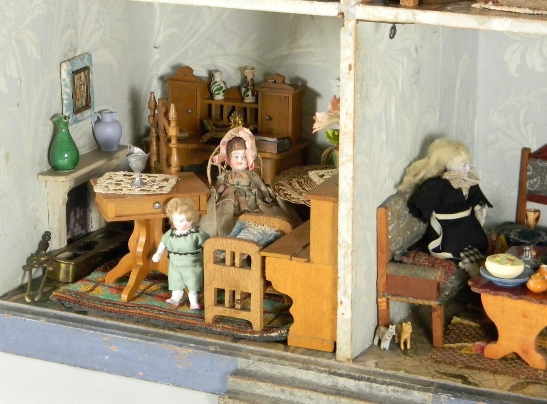 Charming painted blue wooden dolls house and contents, English, circa 1890, - Image 6 of 6