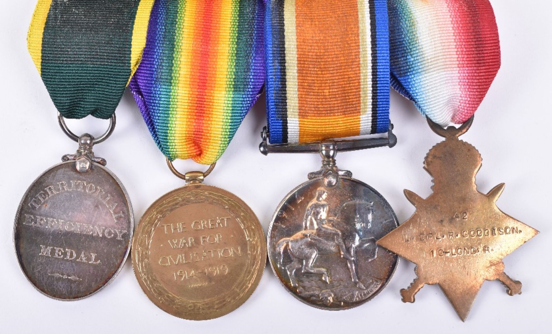 Great War 1914-15 Star Medal Trio and Territorial Efficiency Medal 10th London Regiment and Royal En - Image 4 of 4