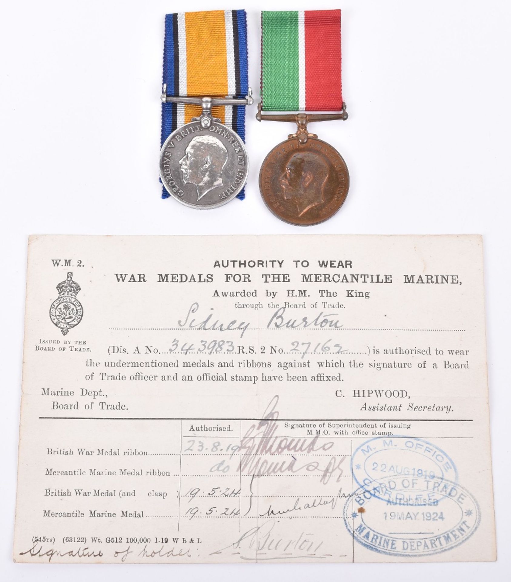 WW1 Mercantile Marine Medal Pair to Master of the Merchant Ship “Prosper”