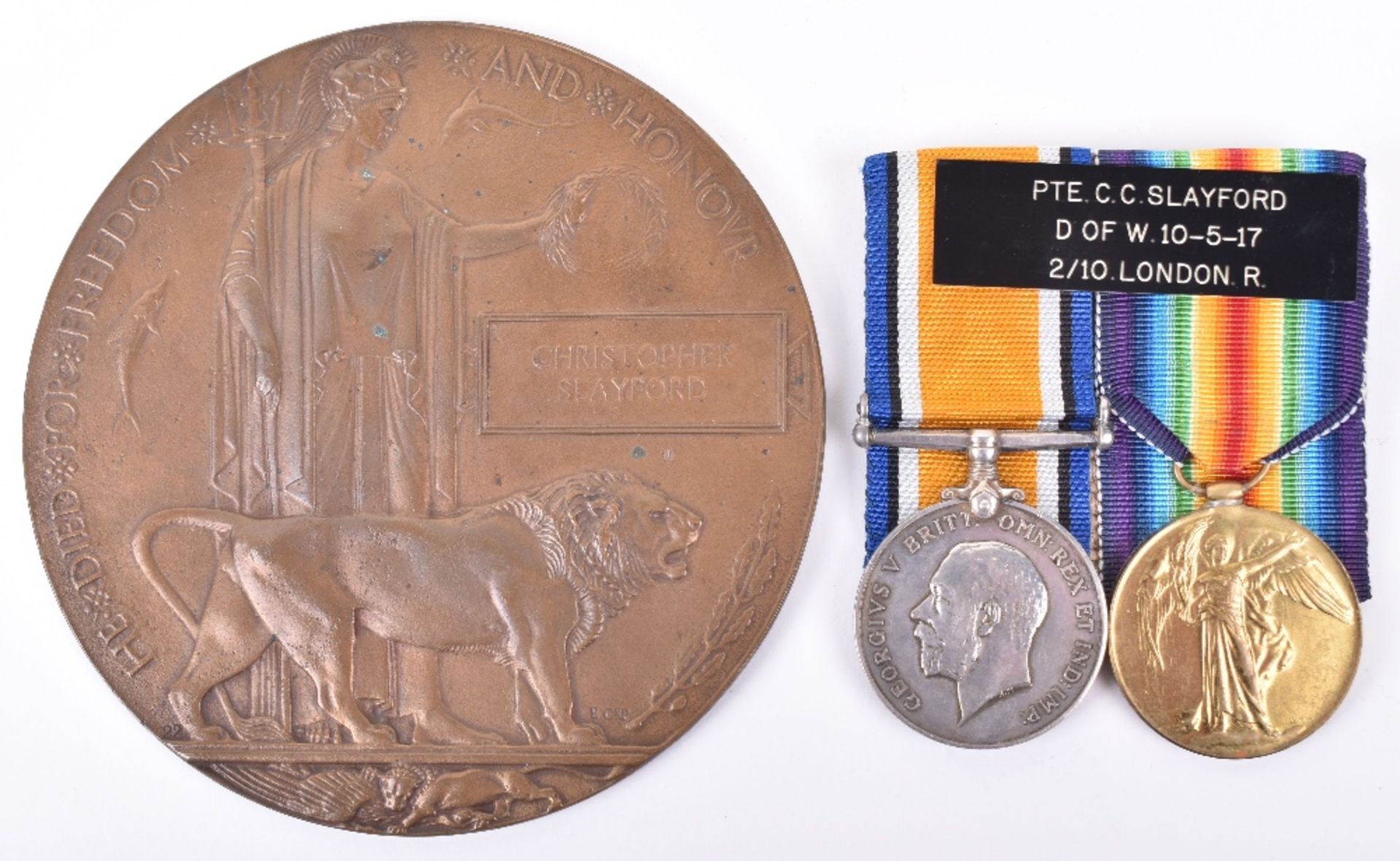 Great War Casualty Medal Pair and Memorial Plaque 10th London Regiment