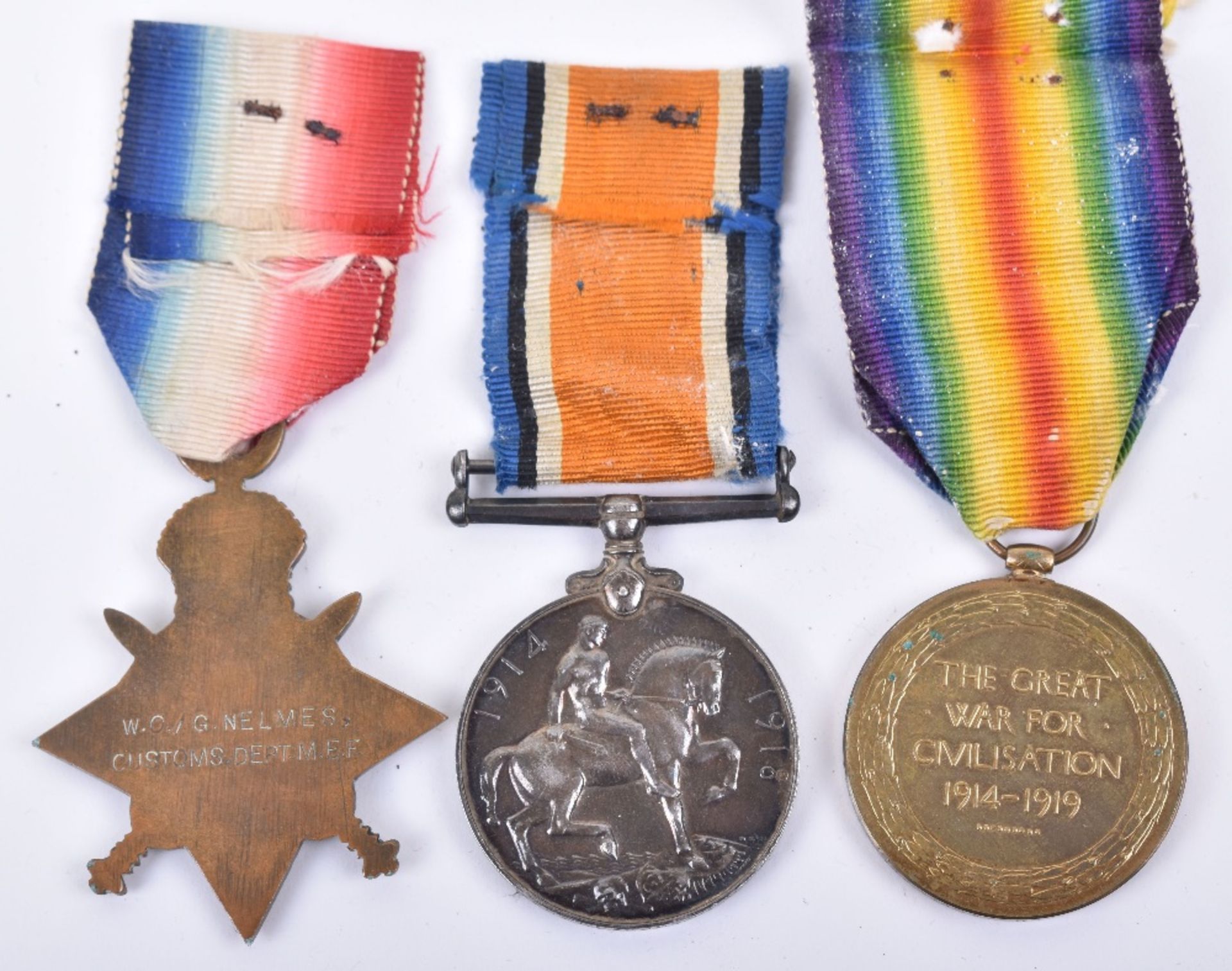 Scarce Great War Medal Trio Customs Department M.E.F and Bombay Bn I.O.F - Image 3 of 3