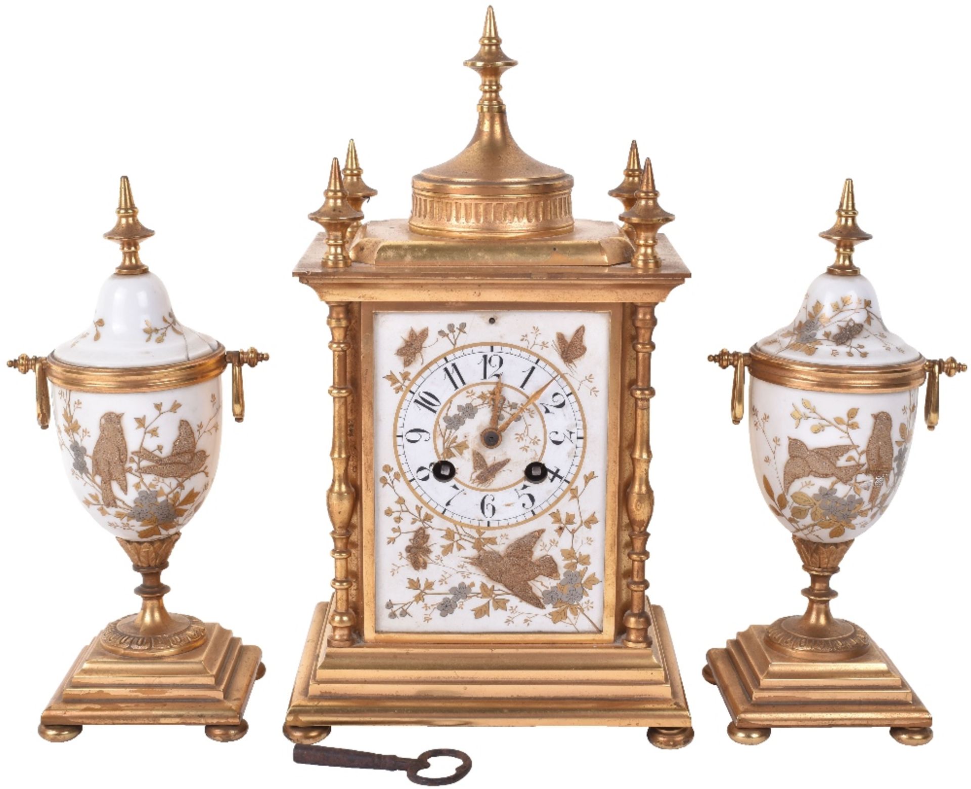 A 19th century French ormulo and porcelain clock garniture, by Japy Freres Paris
