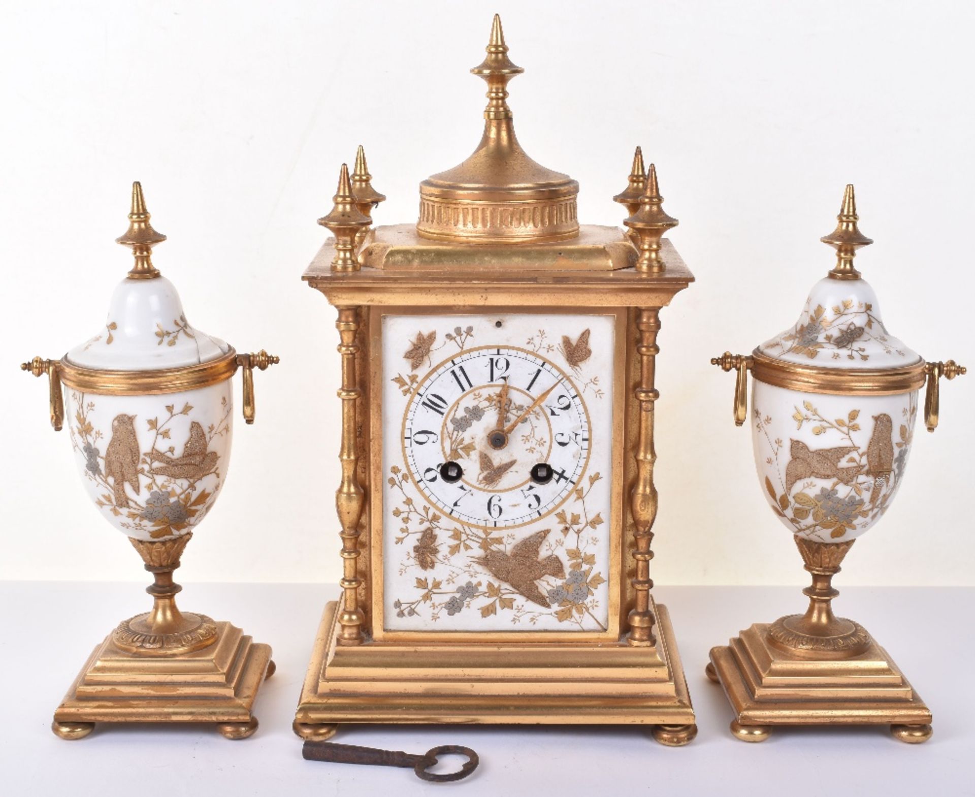 A 19th century French ormulo and porcelain clock garniture, by Japy Freres Paris - Image 2 of 16