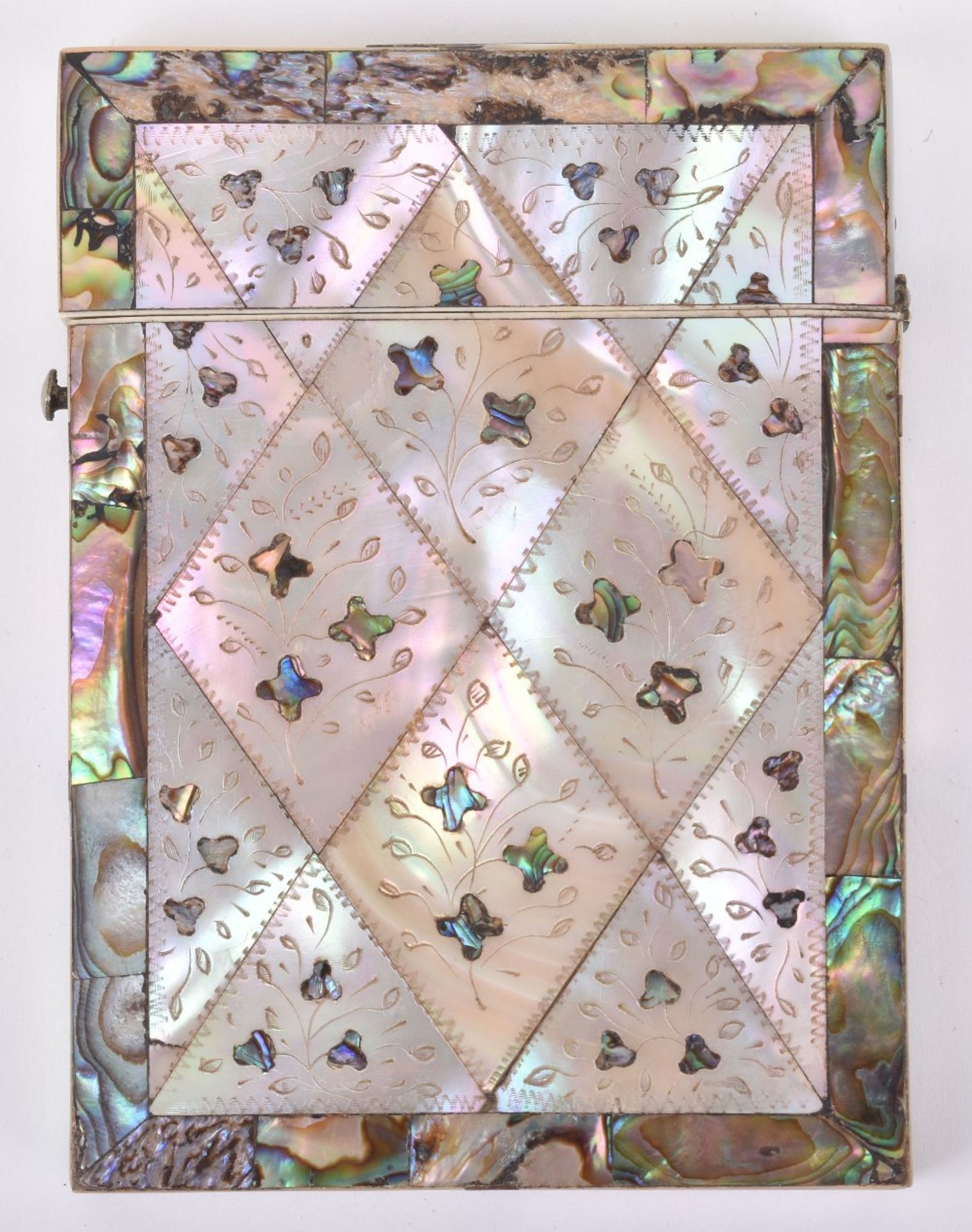 A fine 19th century mother of pearl and oyster micro mosaic card case - Image 3 of 6