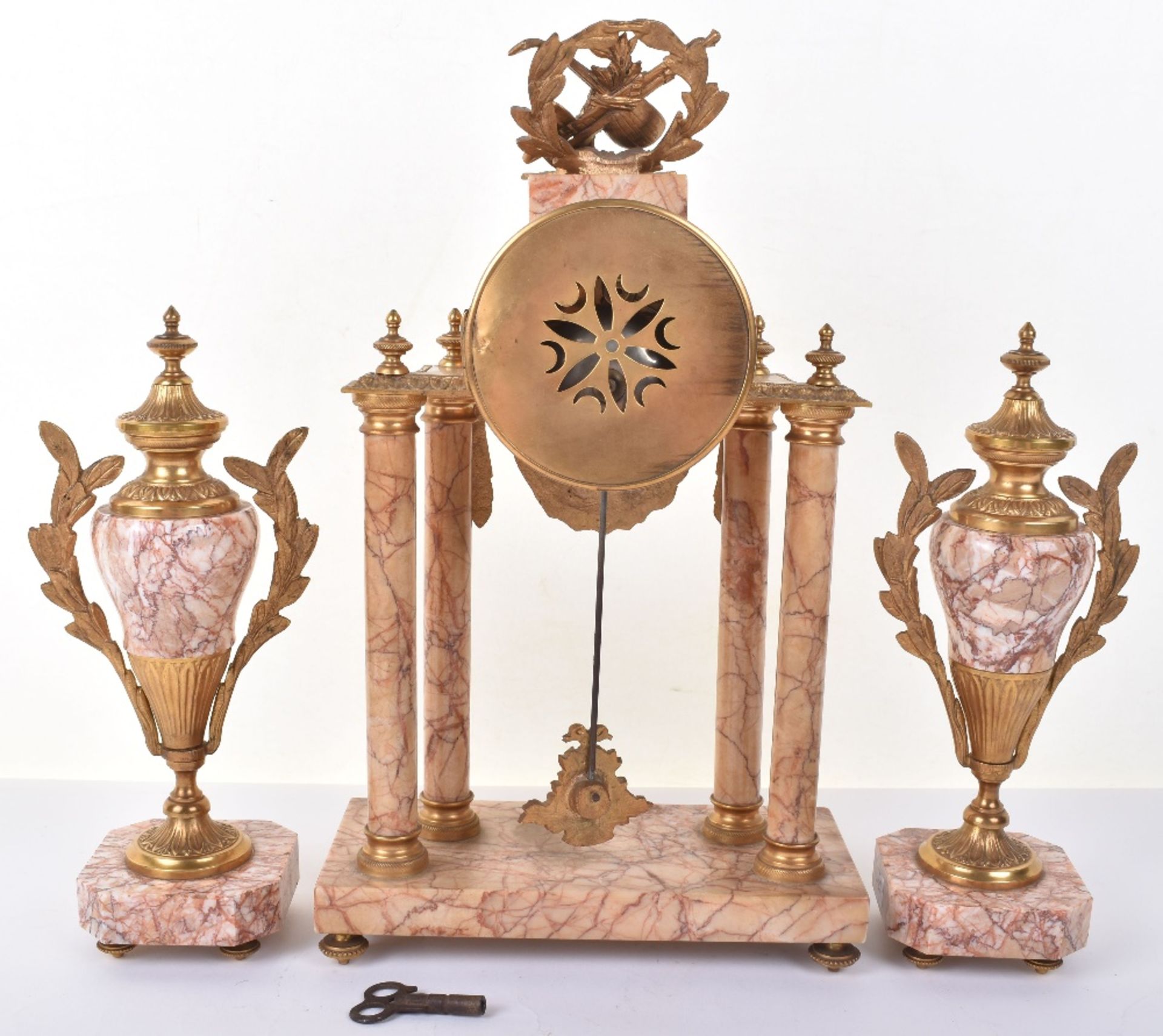A late 19th century French rose marble clock garniture - Image 10 of 14