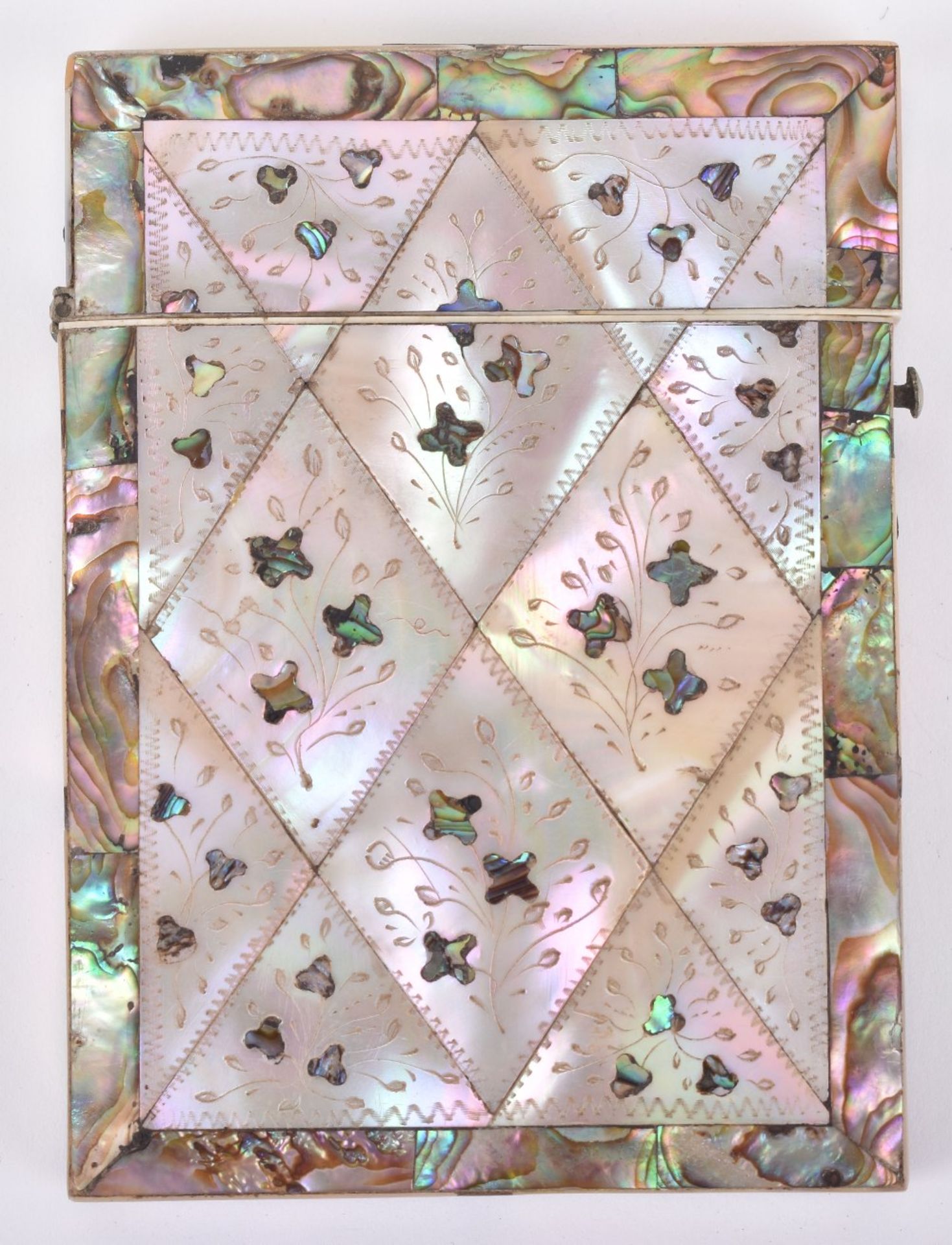 A fine 19th century mother of pearl and oyster micro mosaic card case - Image 2 of 6