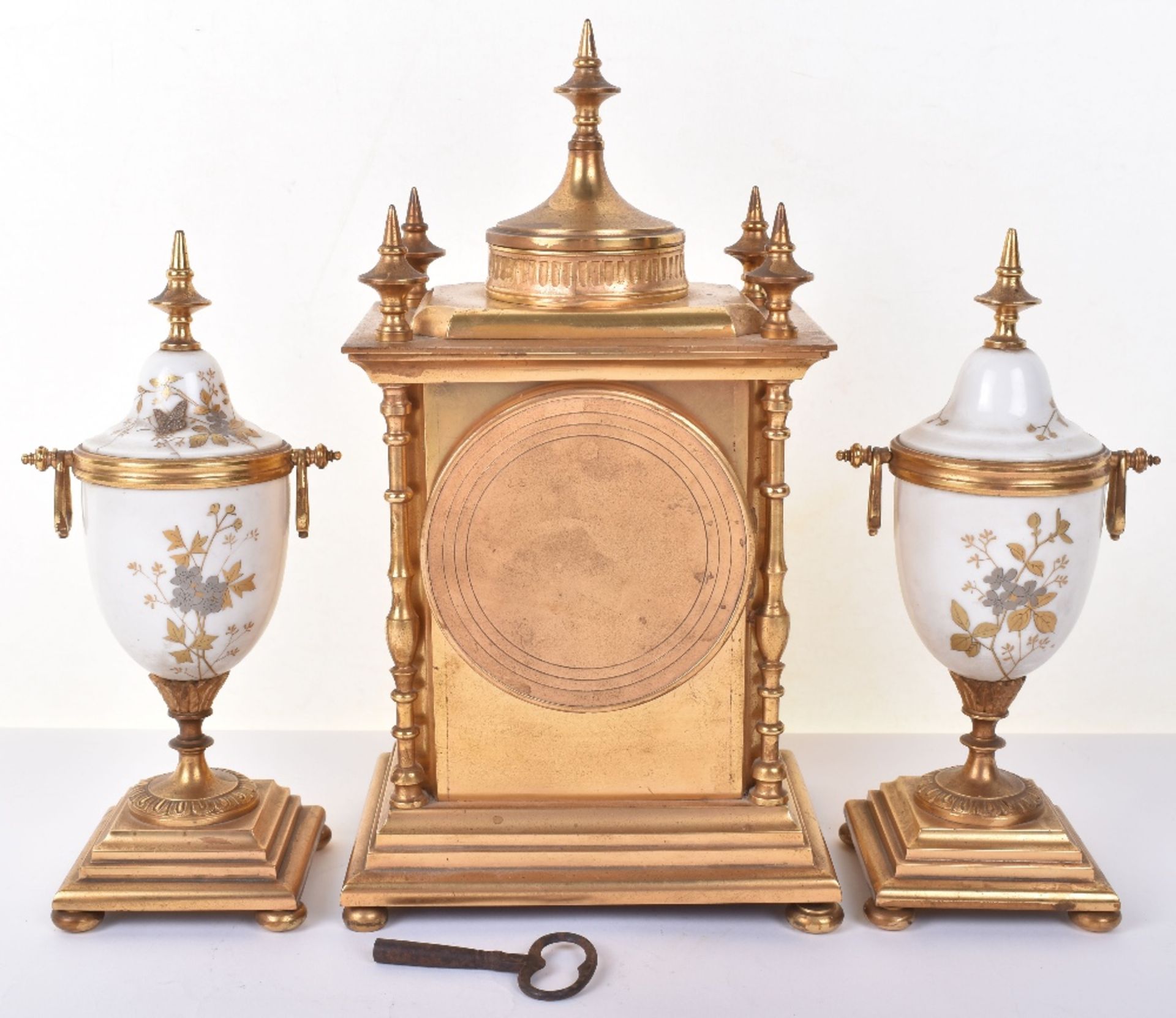 A 19th century French ormulo and porcelain clock garniture, by Japy Freres Paris - Image 12 of 16