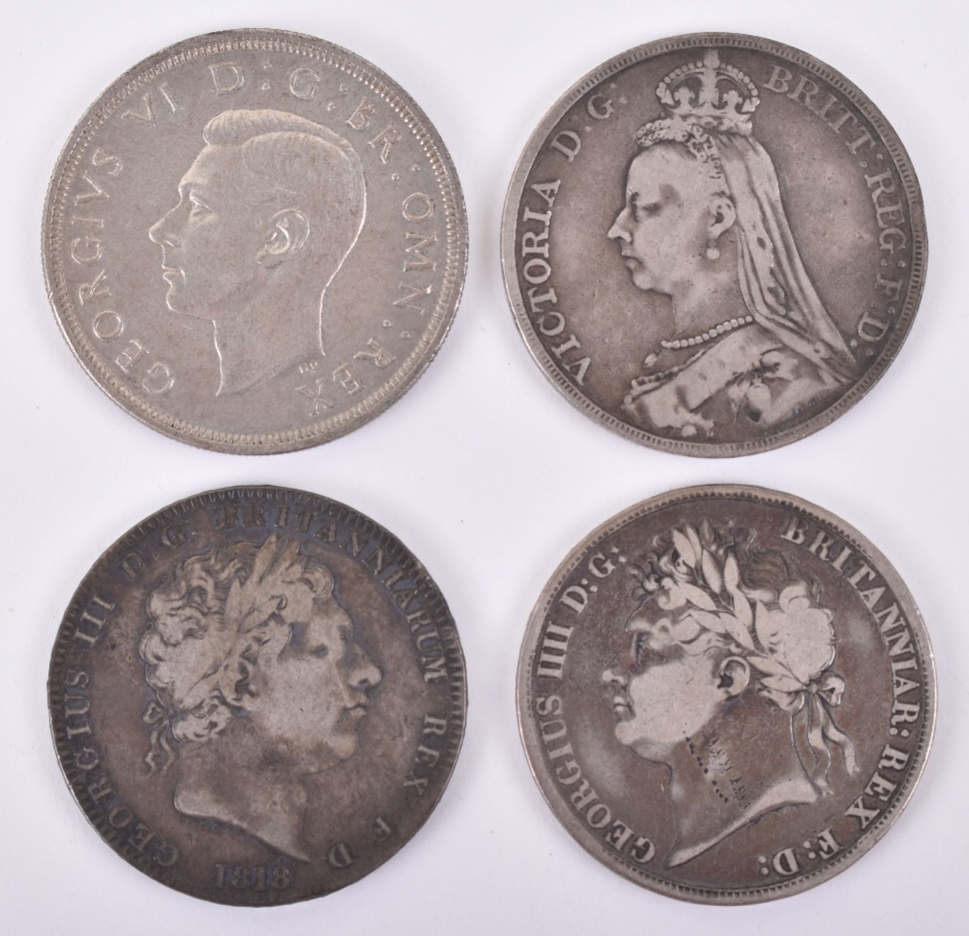 George III Crown 1818, George IV Crown 1821, Victoria Crown 1890 and George VI Crown 1937