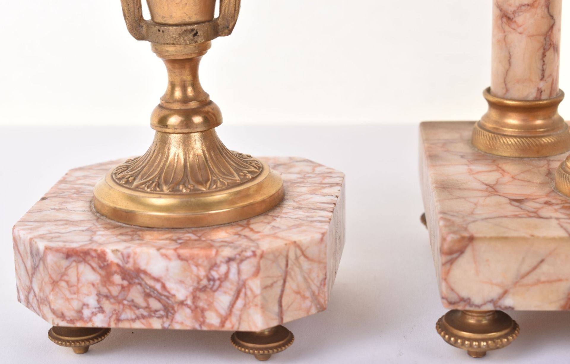 A late 19th century French rose marble clock garniture - Image 6 of 14