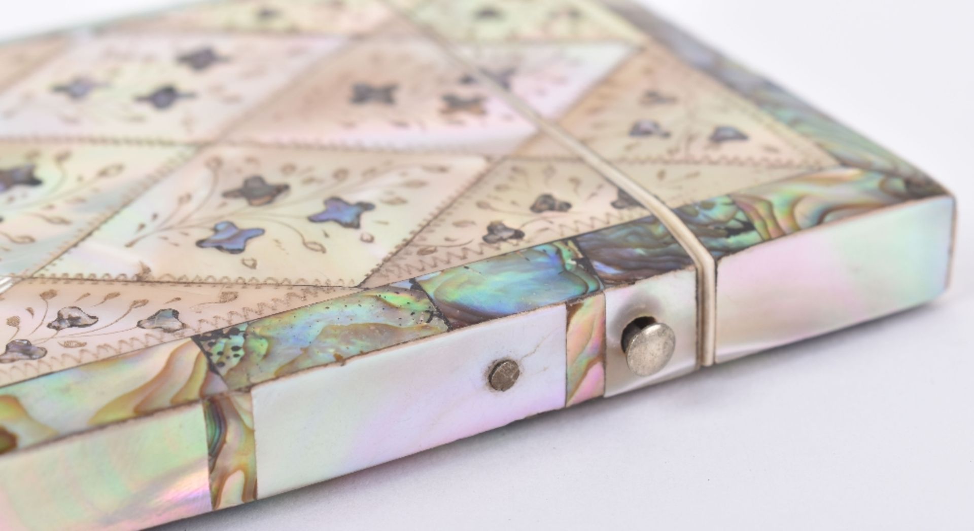 A fine 19th century mother of pearl and oyster micro mosaic card case - Image 5 of 6