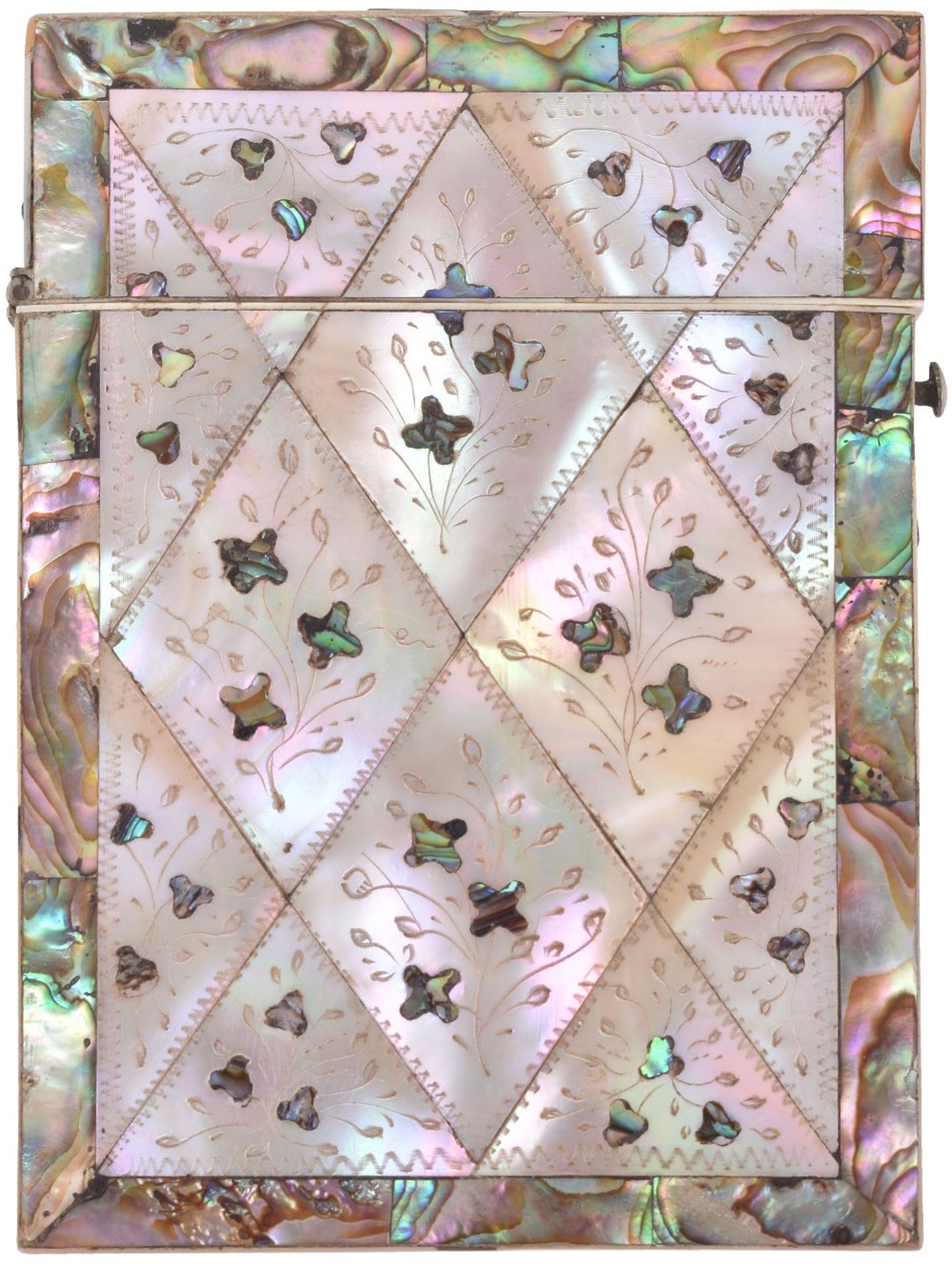 A fine 19th century mother of pearl and oyster micro mosaic card case