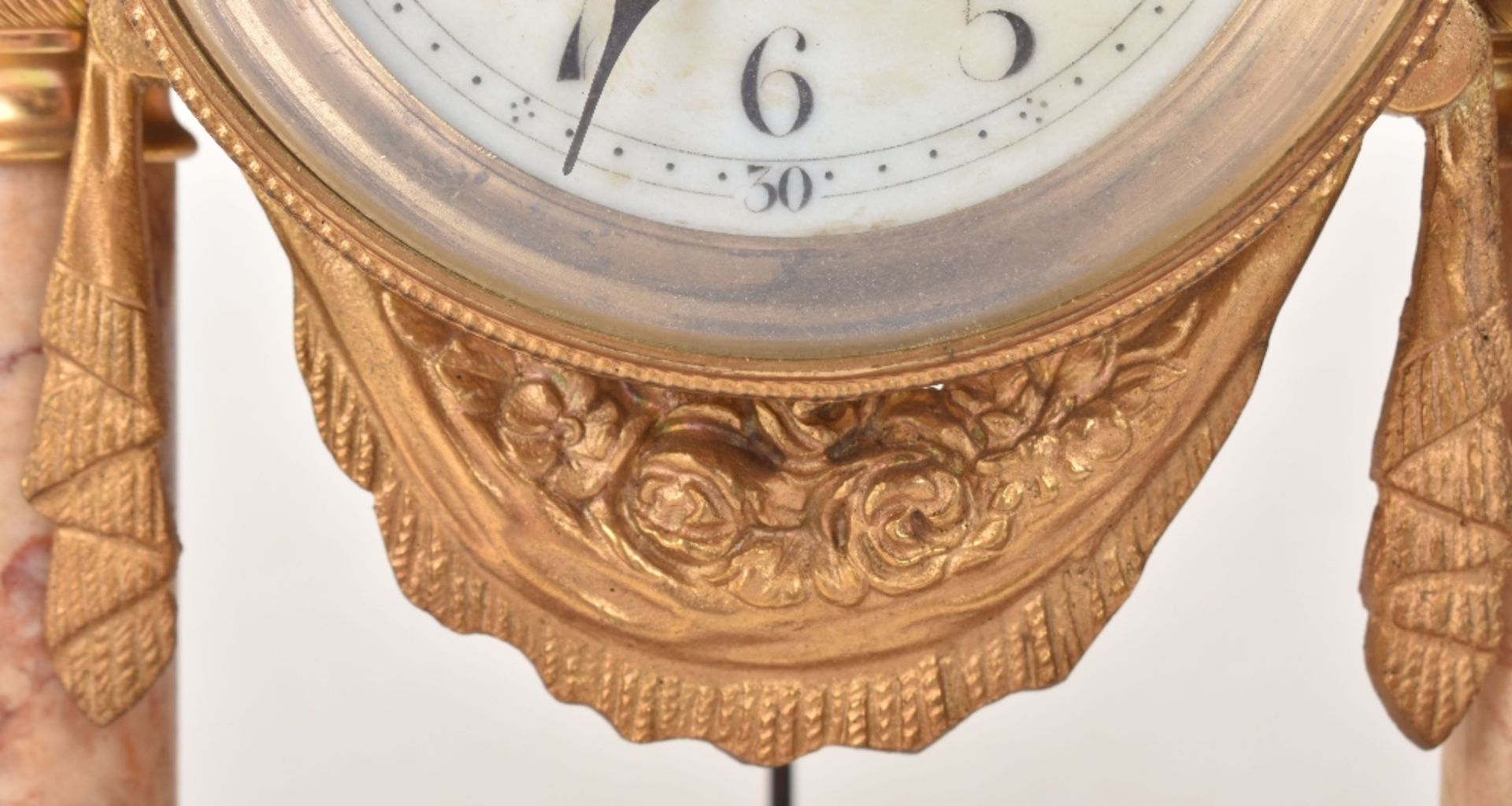 A late 19th century French rose marble clock garniture - Image 8 of 14