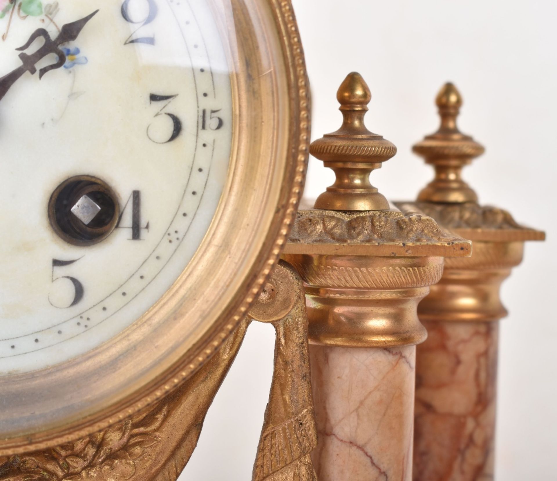 A late 19th century French rose marble clock garniture - Image 9 of 14