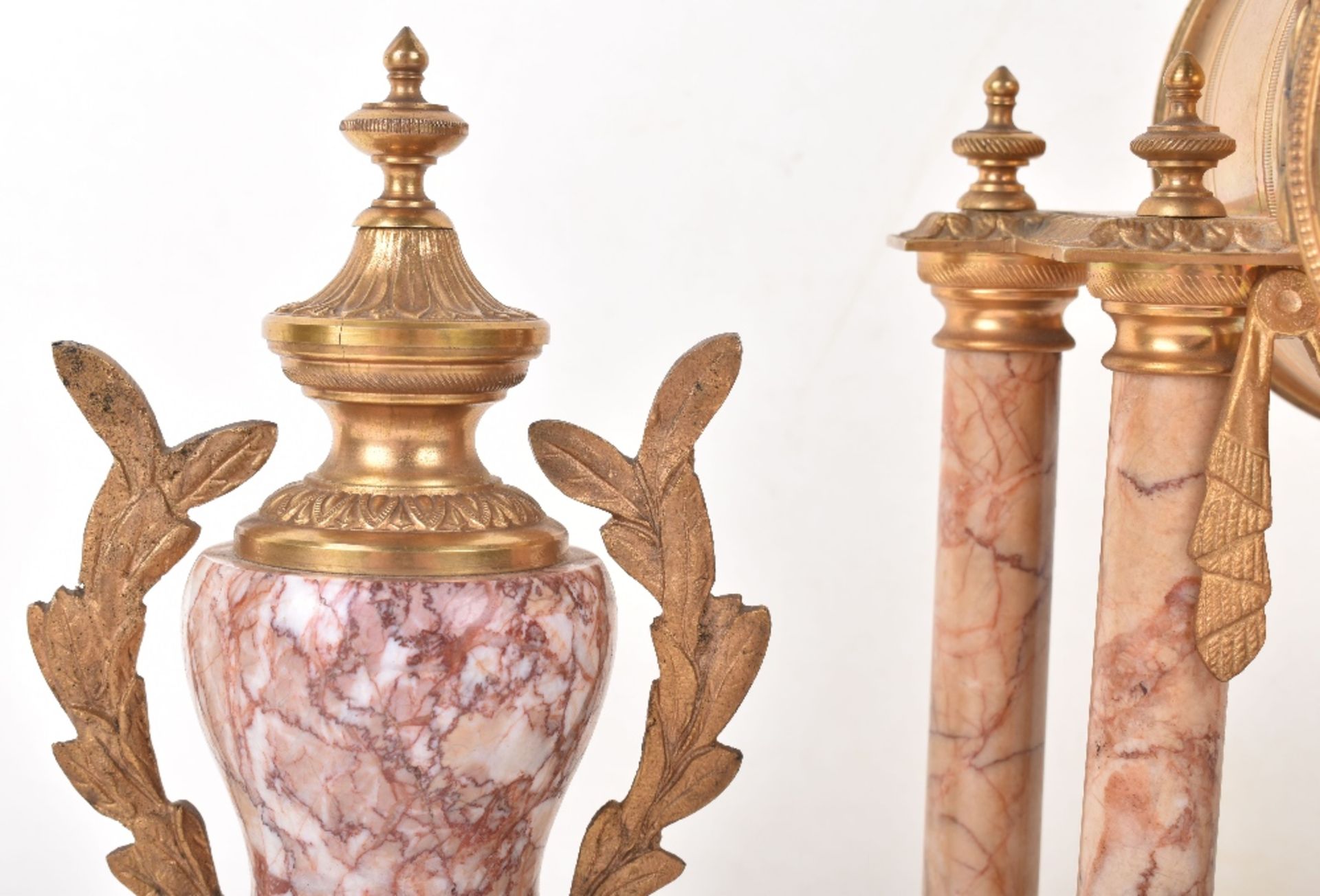 A late 19th century French rose marble clock garniture - Image 5 of 14