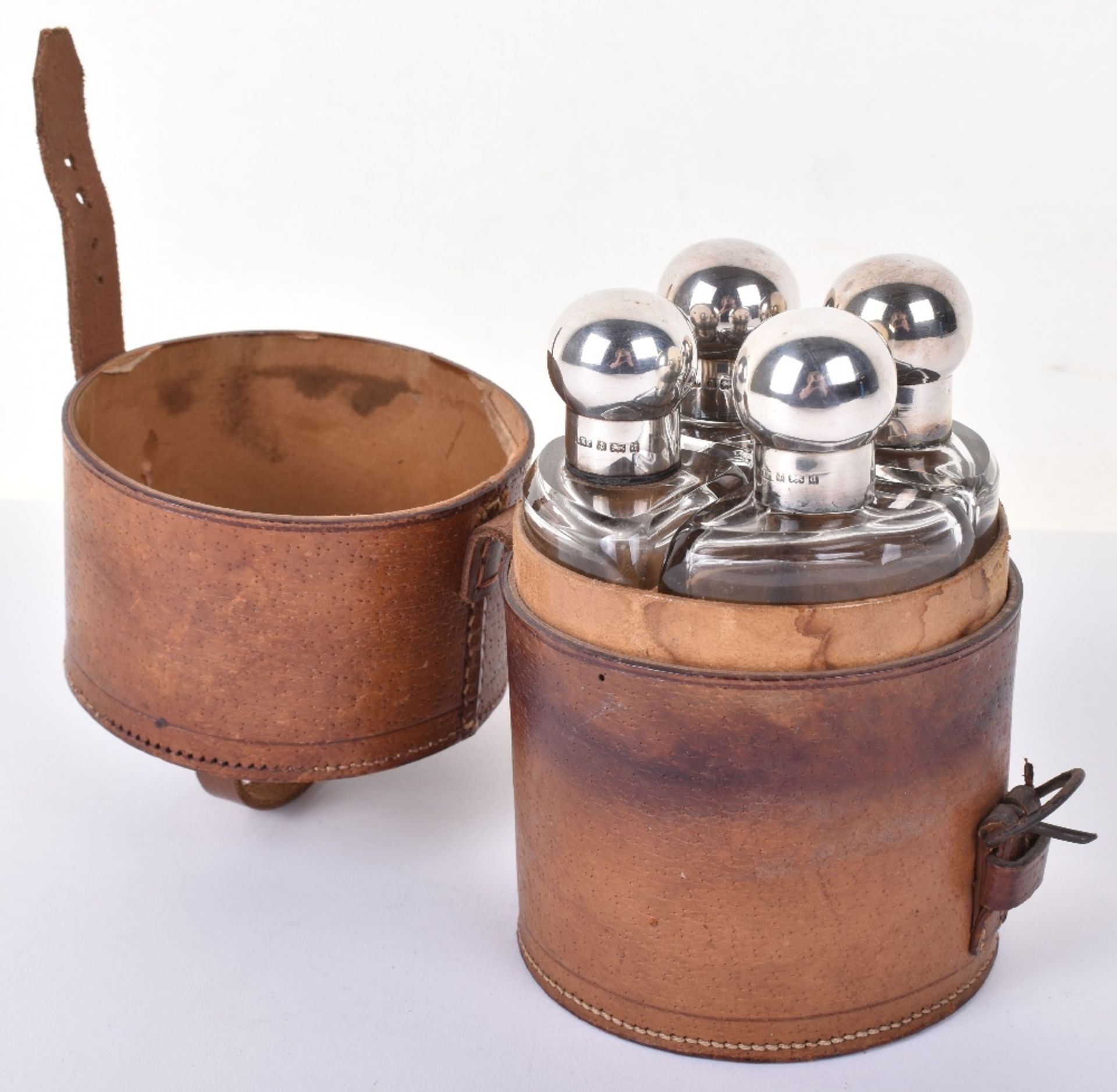 A set of four early 20th century silver mounted travel bottels, by Eugene Henry Posen, Birmingham 19 - Image 2 of 4