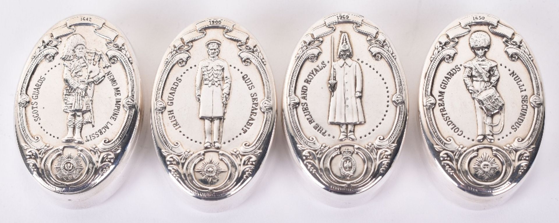 Four silver Regimental silver pill boxes, modern