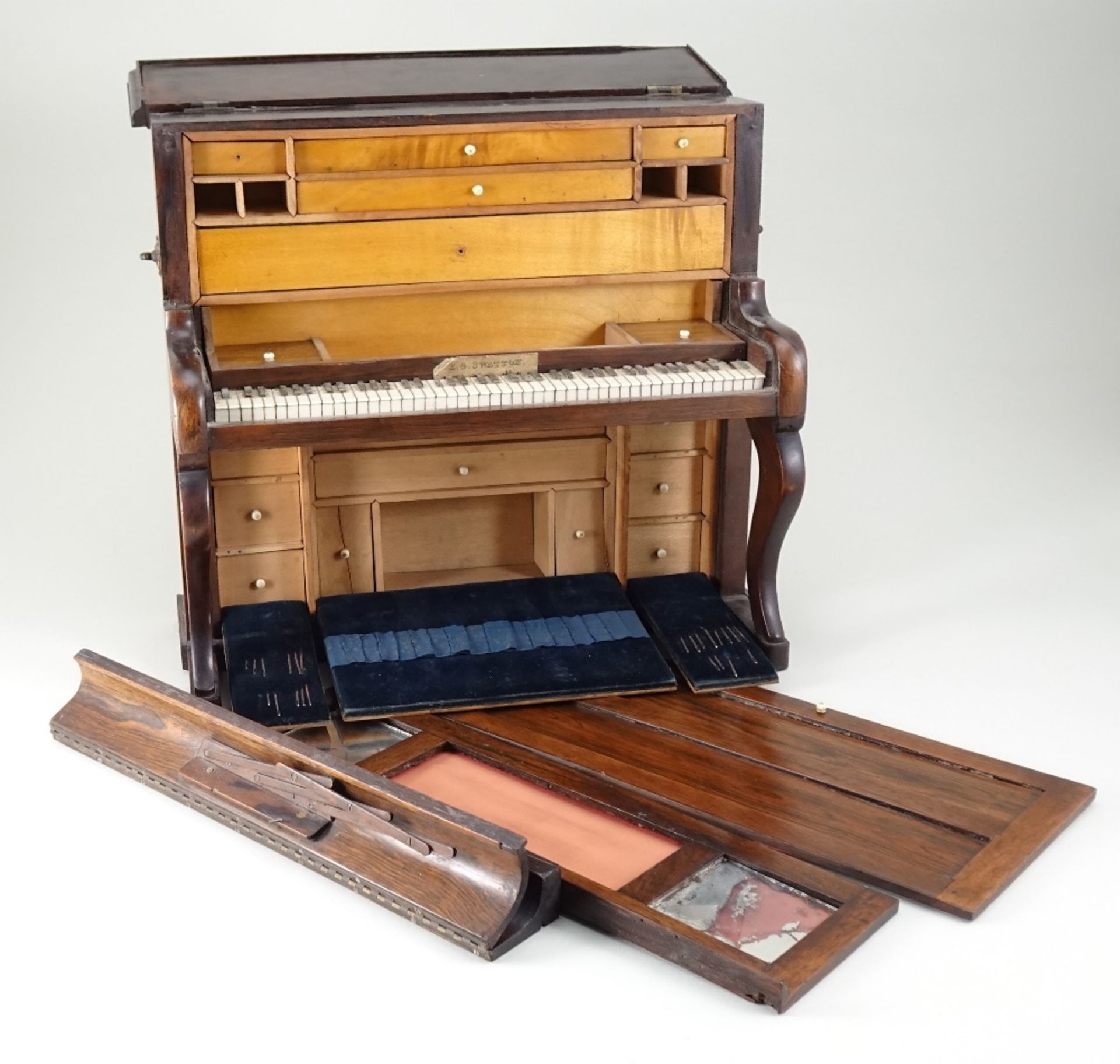 An unusual wooden upright piano sewing box or Necessaire, English 19th century, - Image 5 of 7