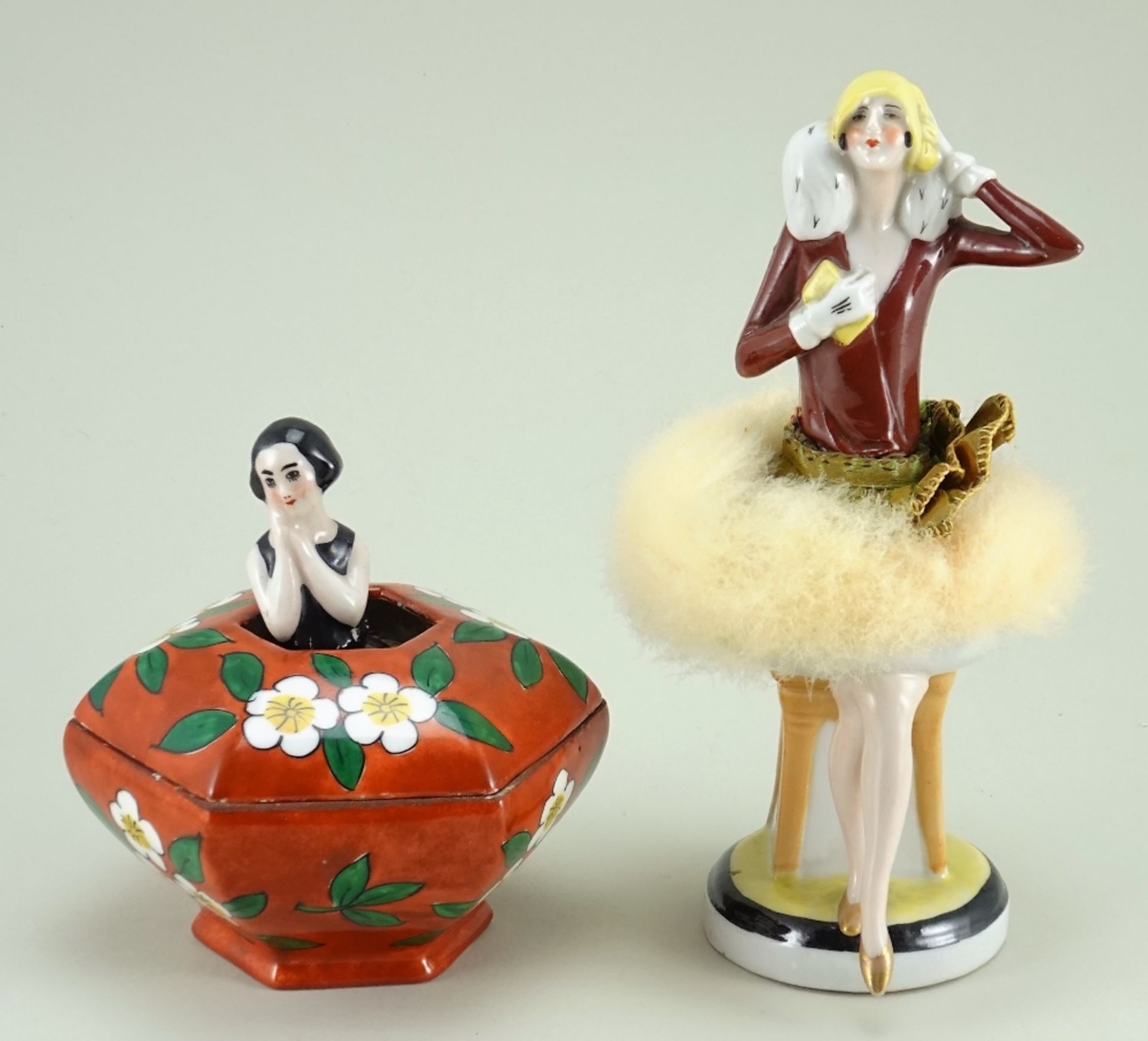 Two glazed china dressing table powder puffs, 1920s,