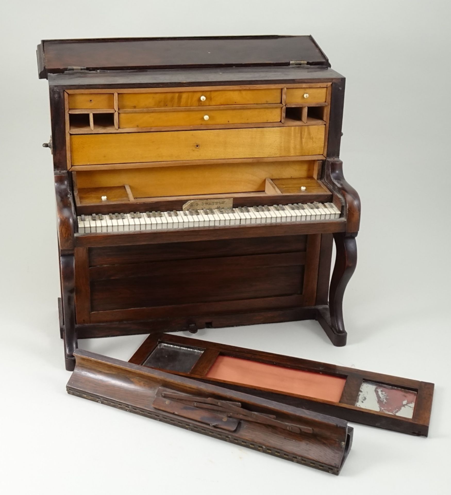 An unusual wooden upright piano sewing box or Necessaire, English 19th century, - Image 3 of 7