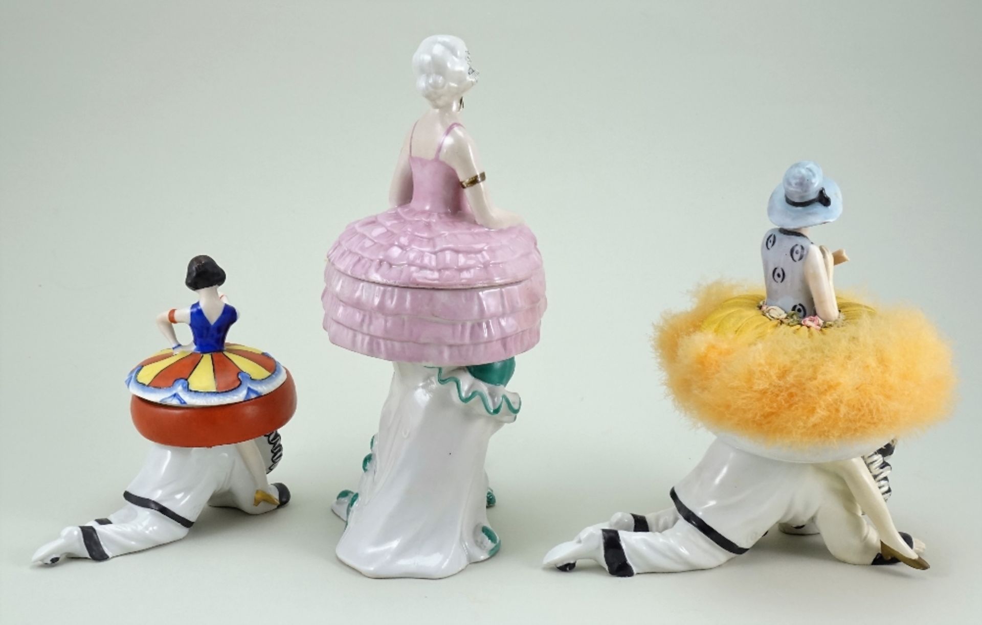 Pierrot dressing table powder puff and trinket box figurines, 1920s, - Image 2 of 2