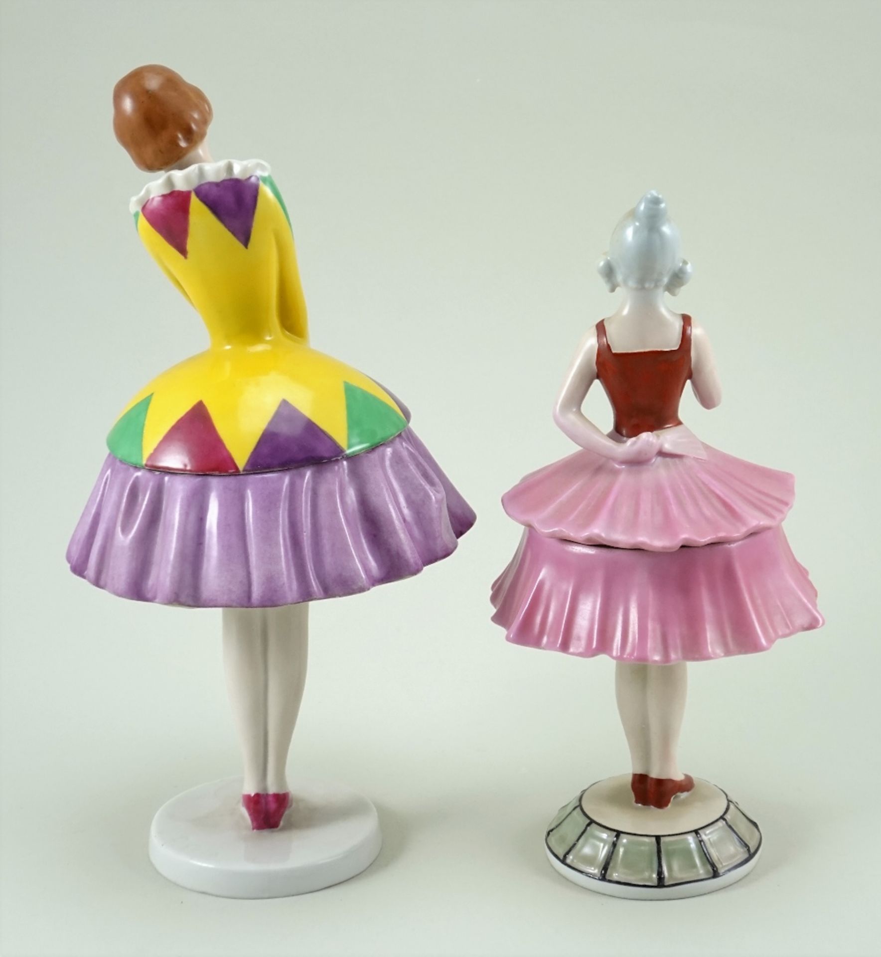 Two glazed china standing lady dressing table powder puffs, 1920s, - Image 2 of 2