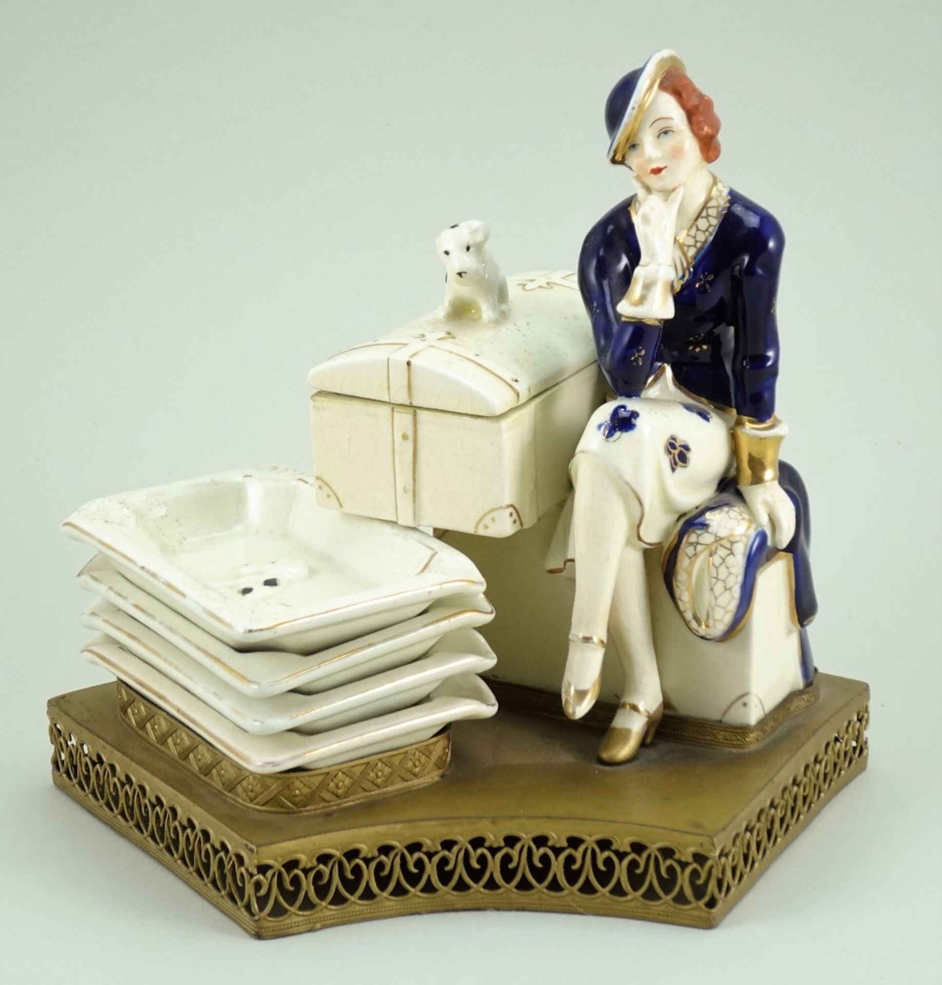 Hinode (Japan) glazed china seated Lady with trunk and ashtrays table smokers companion, 1920s,