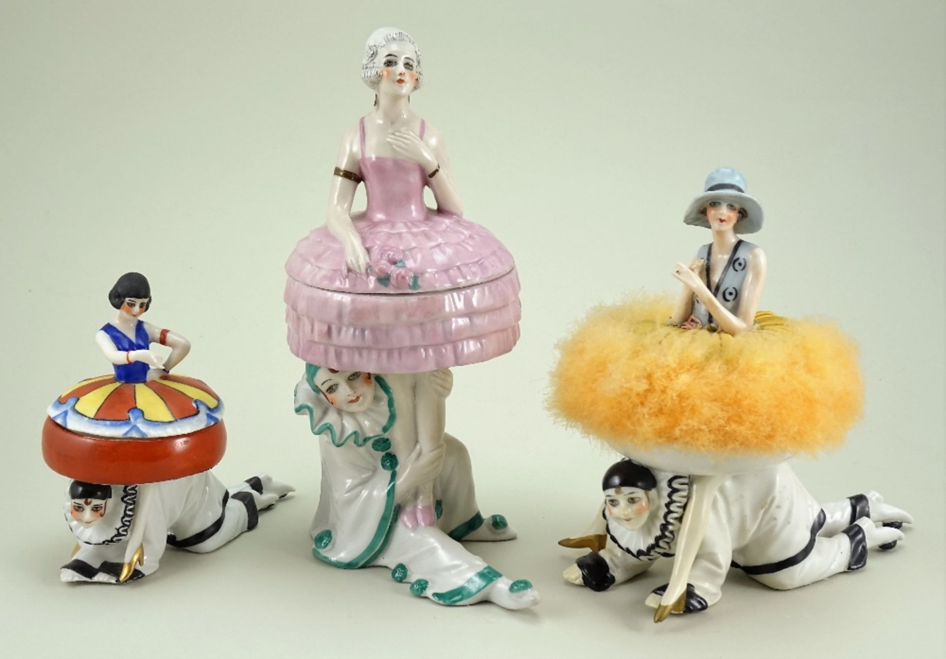 Pierrot dressing table powder puff and trinket box figurines, 1920s,